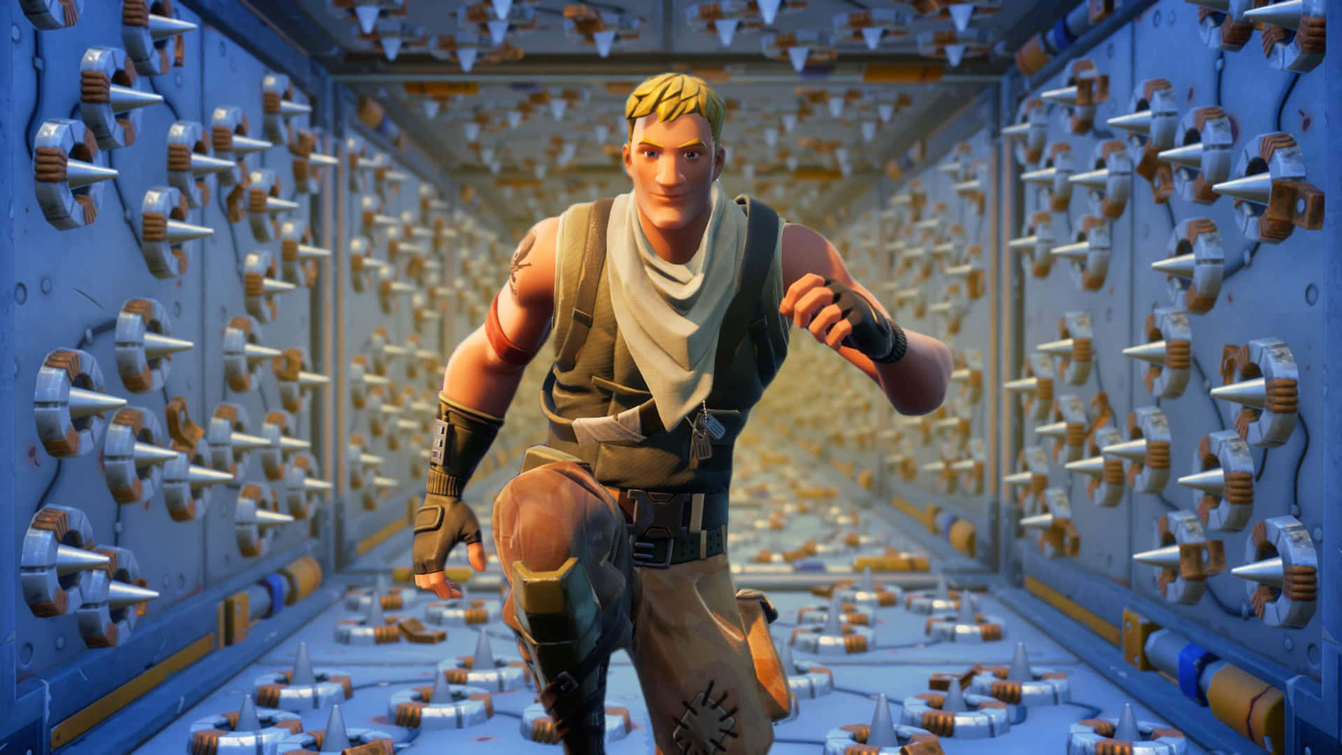 Action Game 桌布 壁紙 — 一個Fortnite角色穿過一條狹窄的走廊，兩旁佈滿重複的機械尖刺和發光面板。