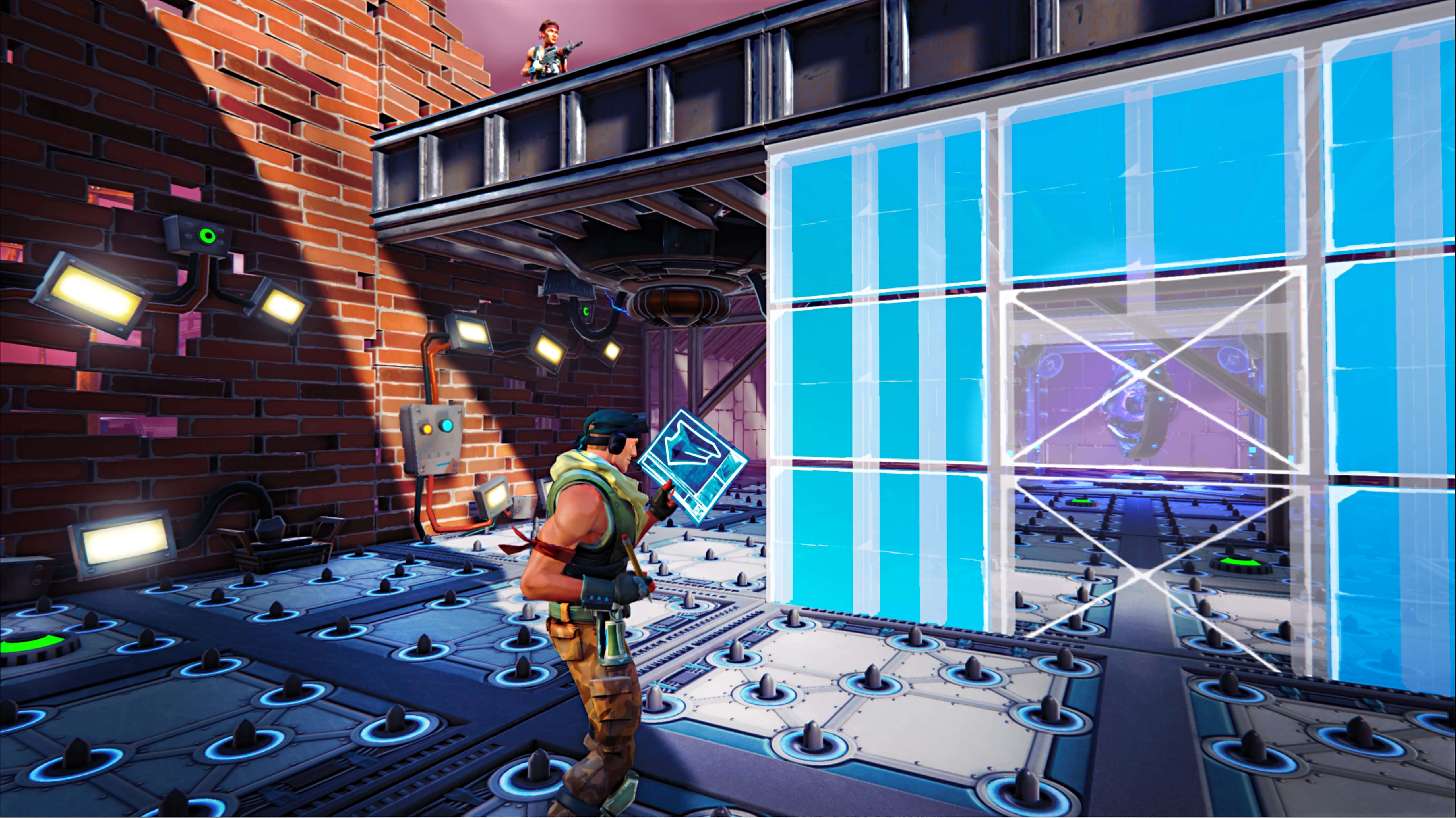 Fye No Skin Fortnite 桌布 壁紙 — 一個Fortnite角色站在一個高科技實驗室中，周圍有發光的藍色面板和磚牆，在溫暖的燈光下。