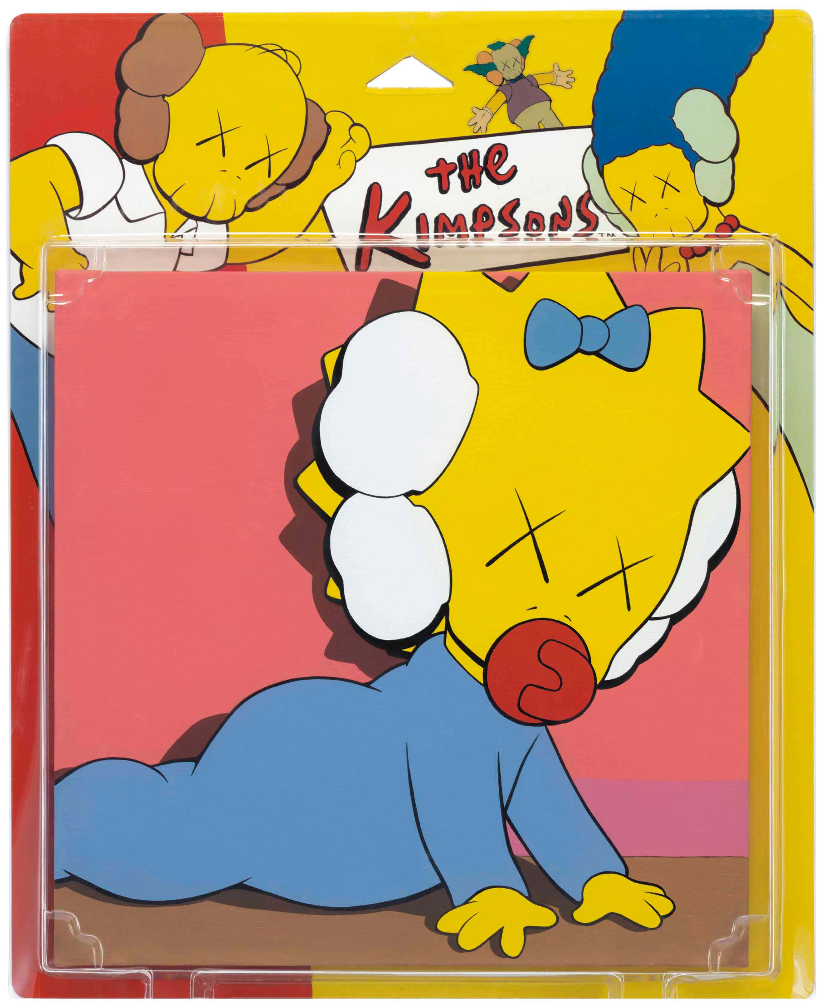 Kaws The Simpsons 桌布 壁紙 — 一個KAWS風格的卡通嬰兒，帶著奶嘴和蝴蝶結，躺在粉紅色背景上，周圍是其他風格化的辛普森角色，裝在塑膠包裝中。