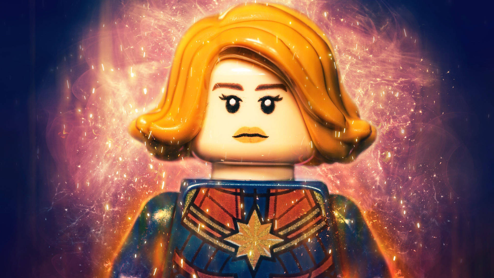 LEGO驚奇隊長在星空背景下散發宇宙能量。