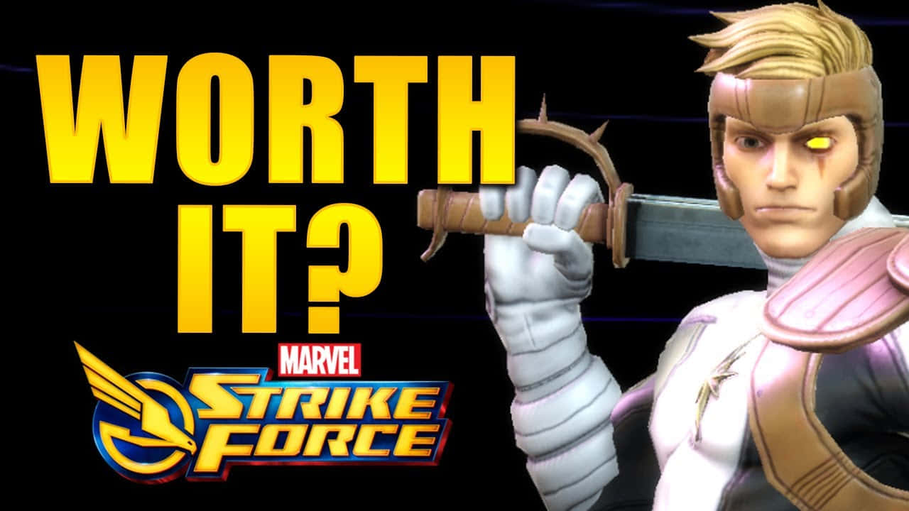 Shatterstar 桌布 壁紙 — 一個Marvel Strike Force角色，眼睛發出黃光，手持劍，背景為黑色，帶有粗體黃色文字。