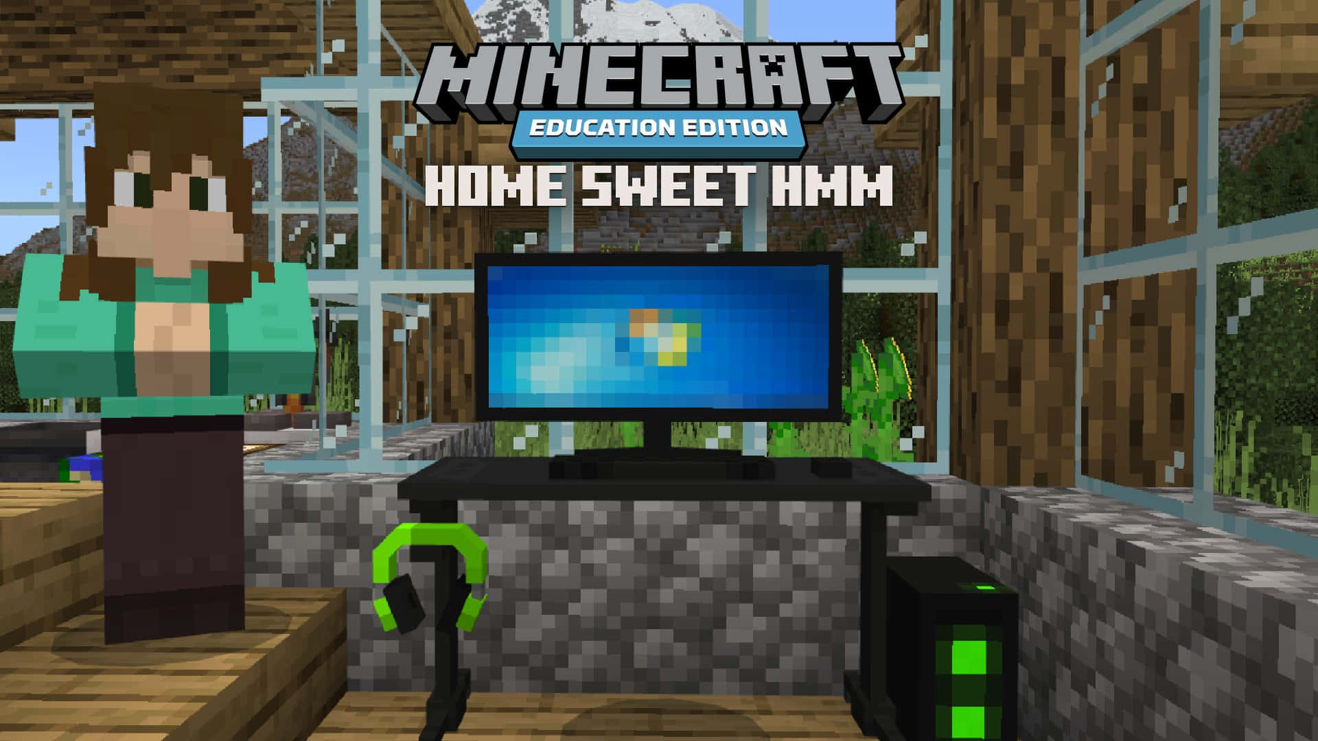 Minecraft Education Edition 桌布 壁紙 — 一個Minecraft Education Edition角色企喺一個像素化嘅木房間入面，有一部電腦顯示緊色彩繽紛嘅畫面。