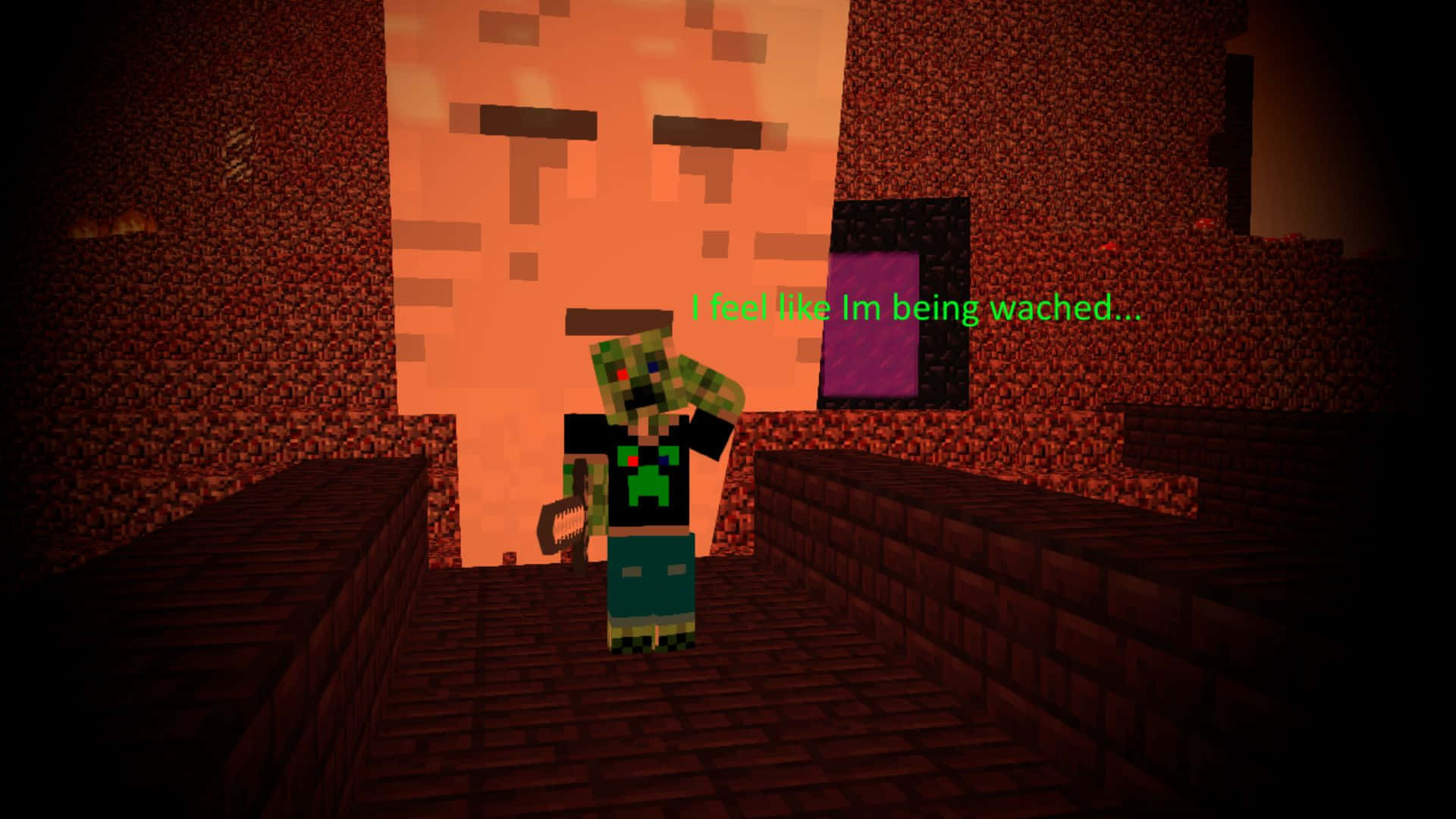 Minecraft Ghast 桌布 壁紙 — 一個Minecraft喪屍站在燈光昏暗的地獄堡壘中，看起來很害怕，背後有一個巨大的地獄傳送門聳立著。
