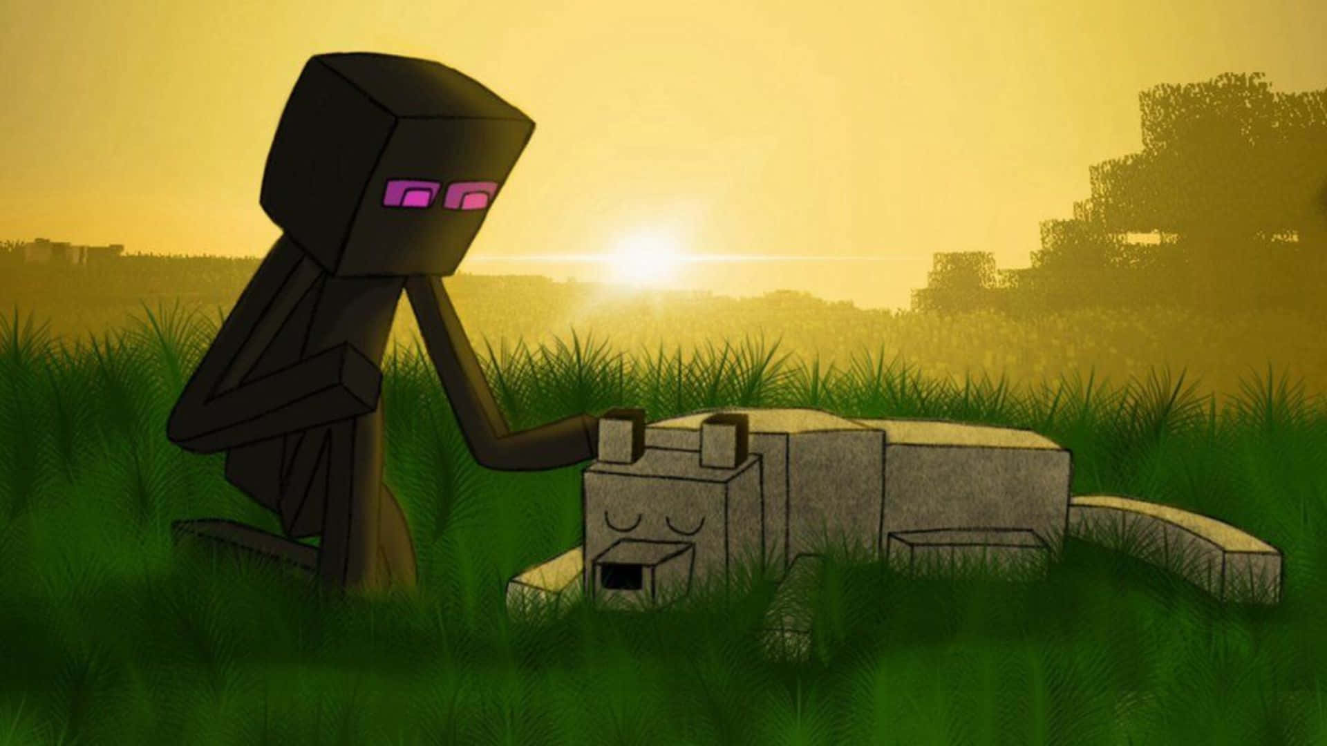 Minecraft Wolf 桌布 壁紙 — 一個Minecraft嘅Enderman喺日落時分跪喺草地上，旁邊有隻閂埋眼瞓緊嘅貓。