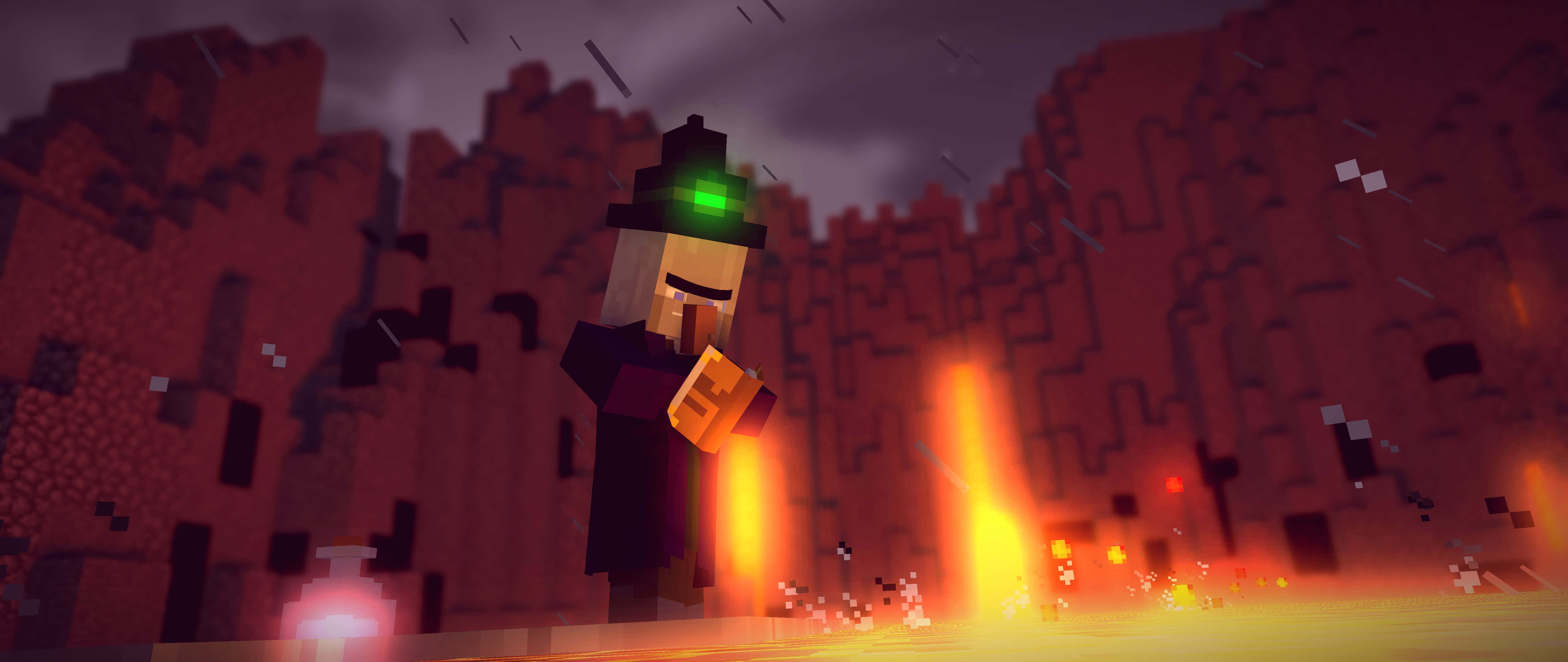 Minecraft Witch 桌布 壁紙 — 一個Minecraft女巫站在一個火熱的地獄景觀中，有發光的熔岩和鋸齒狀的紅色地形，天空陰暗。