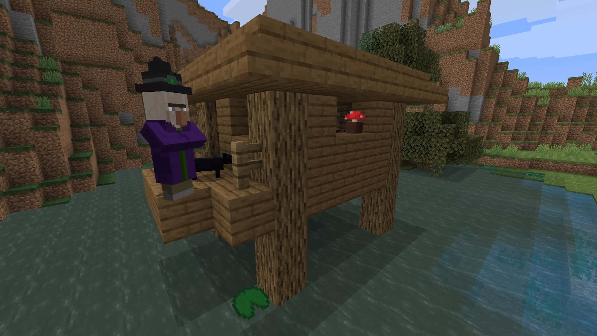 Minecraft Witch 桌布 壁紙 — 一個Minecraft女巫站在水上木製平台上，旁邊係一個蘑菇屋，背景係方塊狀嘅山區景觀。