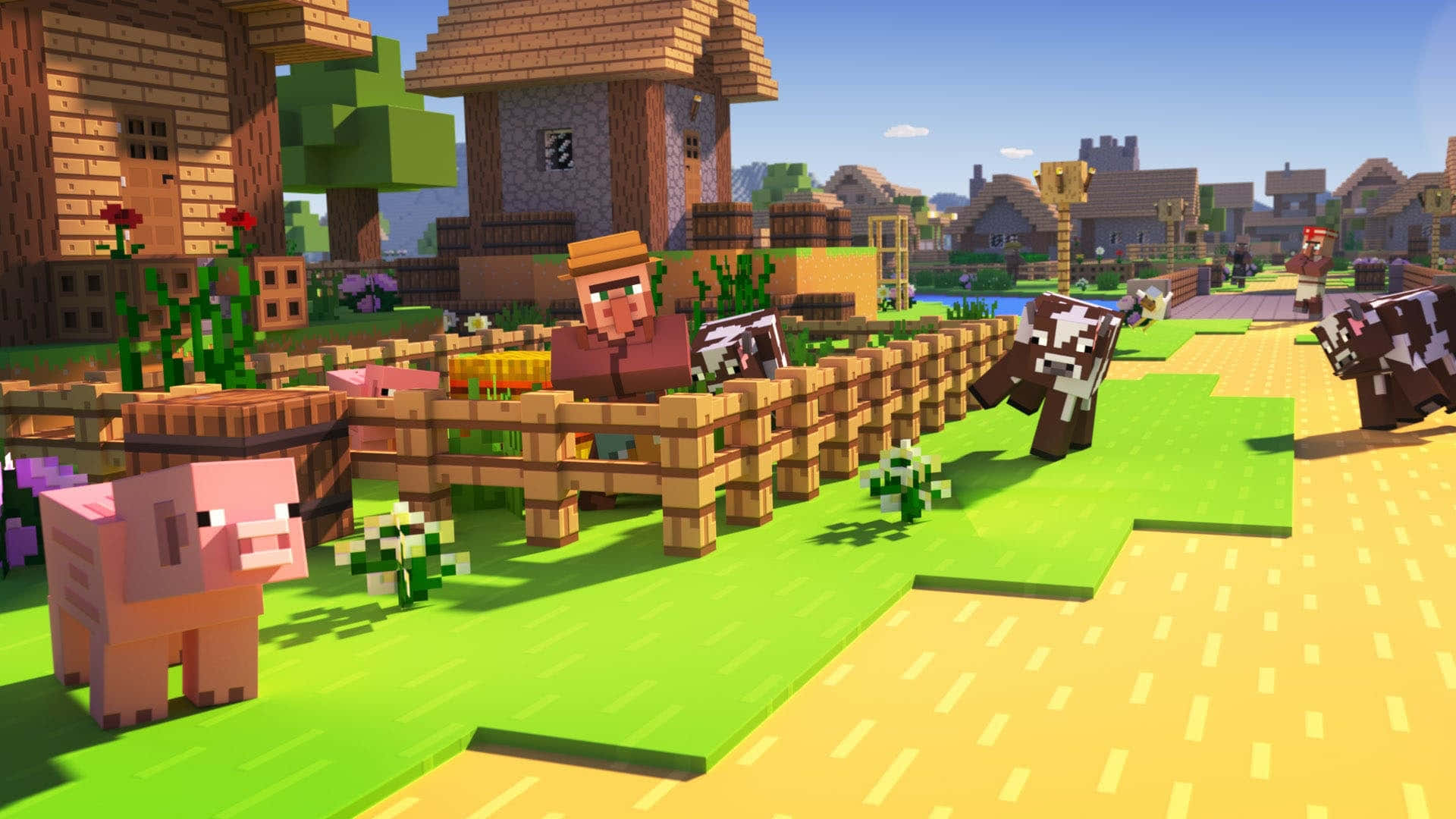 Minecraft Villagers 桌布 壁紙 — 一個Minecraft村民企喺木欄杆旁邊，有豬同牛喺一個陽光普照嘅村莊，有方塊屋同綠色草地。
