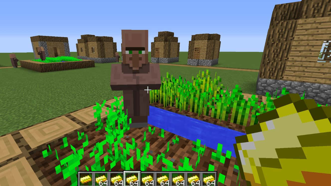 Minecraft Villagers 桌布 壁紙 — 一個Minecraft村民站在一條像素化河流旁邊，村莊草地有木屋，天空清澈湛藍。