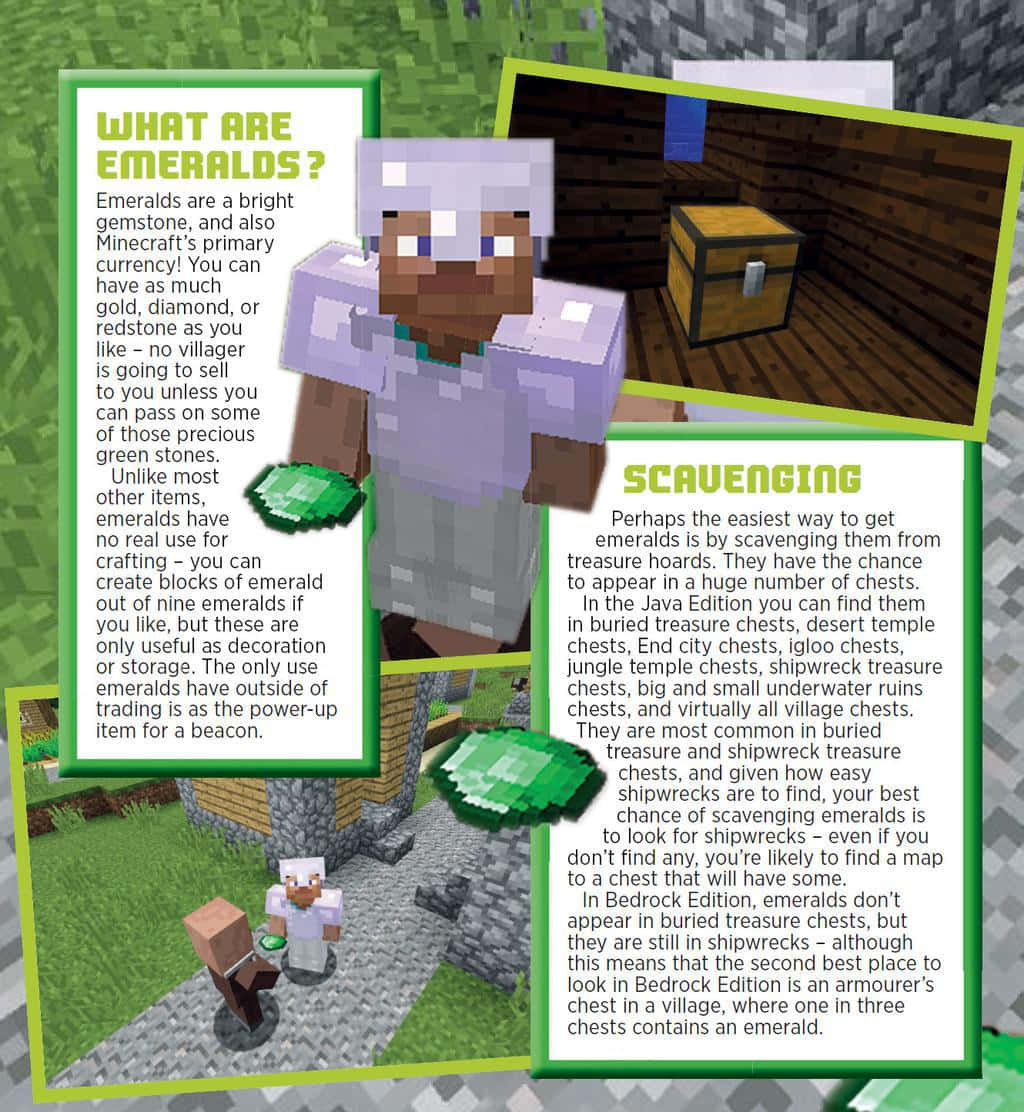 Minecraft Emeralds 桌布 壁紙 — 一個Minecraft村民站在綠寶石方塊和文字面板旁邊，解釋綠寶石的用途和收集地點。