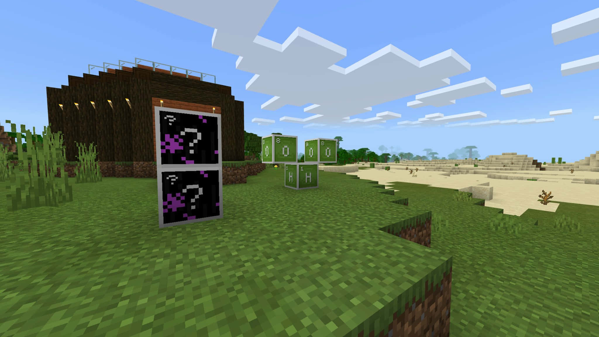 Minecraft Education Edition 桌布 壁紙 — 一個Minecraft村莊，有像素化的房屋和標誌，在明亮的藍天下有方塊狀的雲朵。
