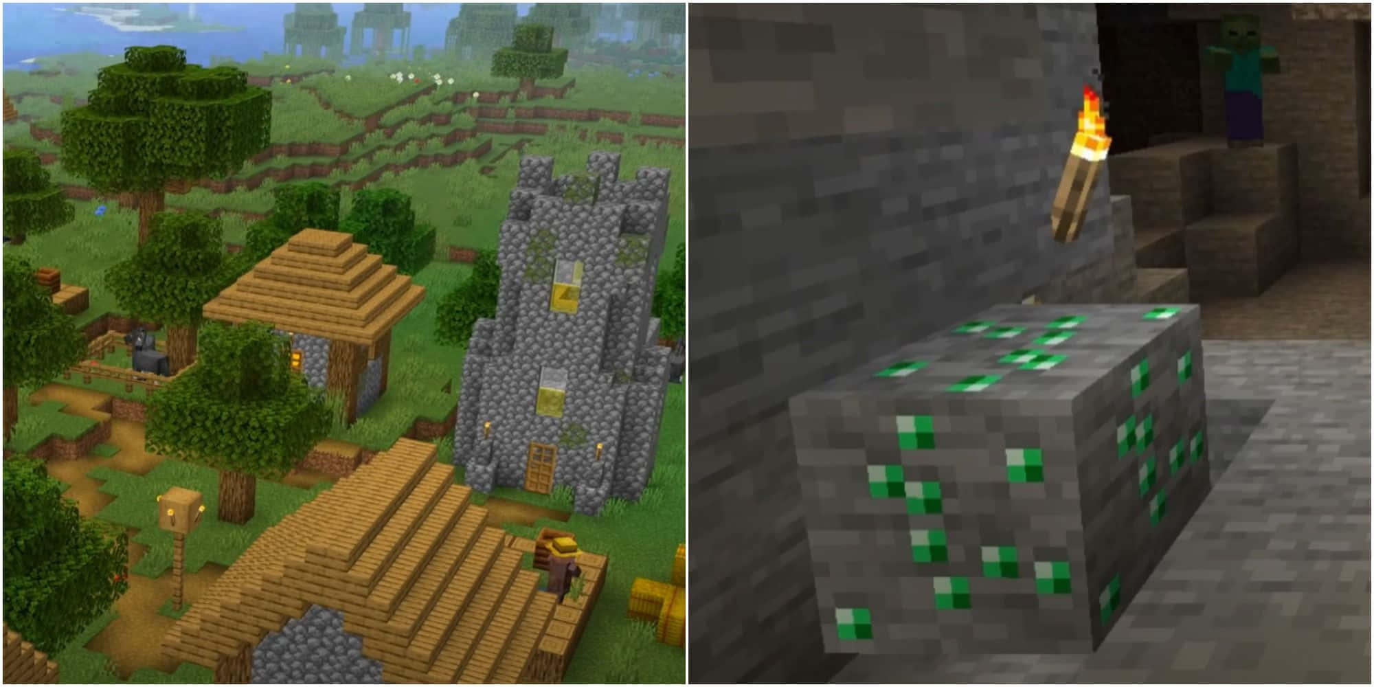 Minecraft Emeralds 桌布 壁紙 — 一個Minecraft村莊，有木屋和石塔，旁邊是一個在洞穴中被火炬照亮的發光鑽石礦石方塊。
