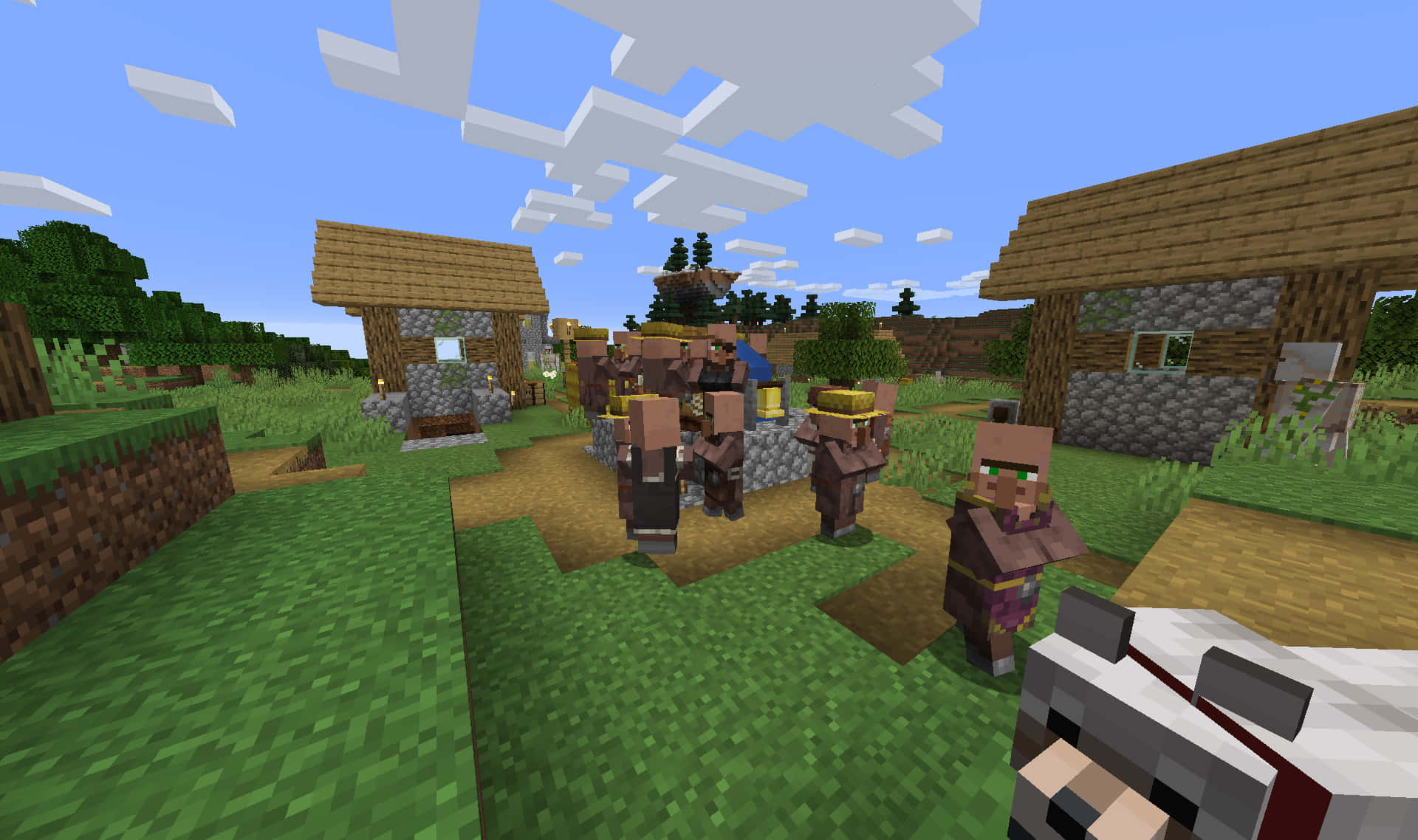 Minecraft Villager 桌布 壁紙 — 一個Minecraft村莊，有村民和玩家角色在草地上，藍天白雲，雲朵呈方塊狀。