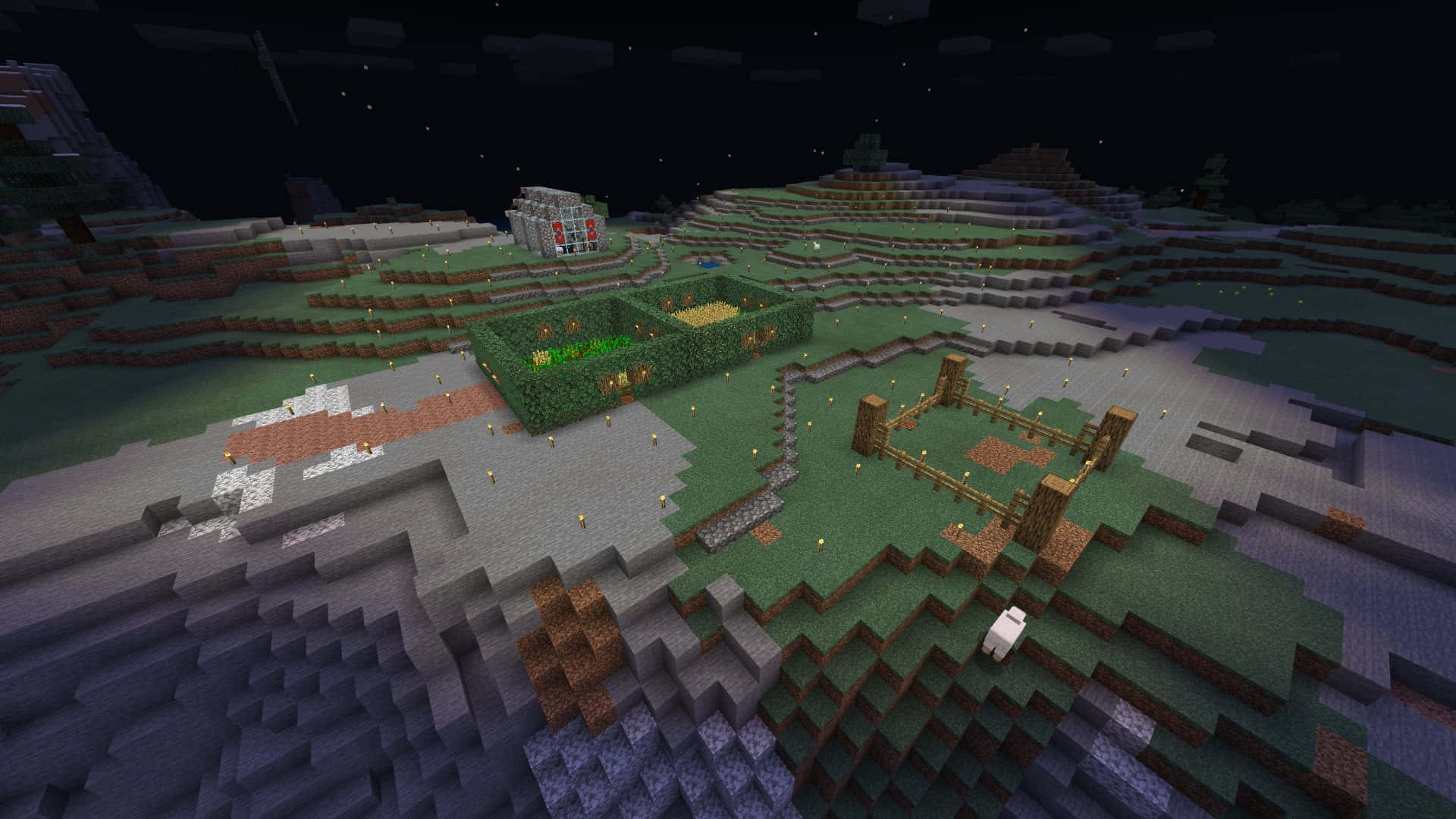 Minecraft Survival 桌布 壁紙 — 一個Minecraft村莊坐落在星光山谷中，梯田狀的山丘在夜空下閃耀。