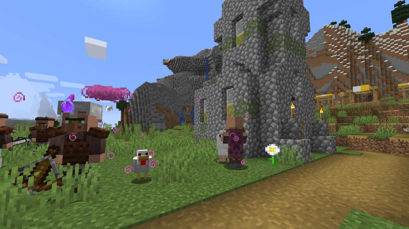 Minecraft Villagers 桌布 壁紙 — 一個Minecraft村莊場景，有像素化的村民和動物，在晴朗的藍天下有浮動方塊。