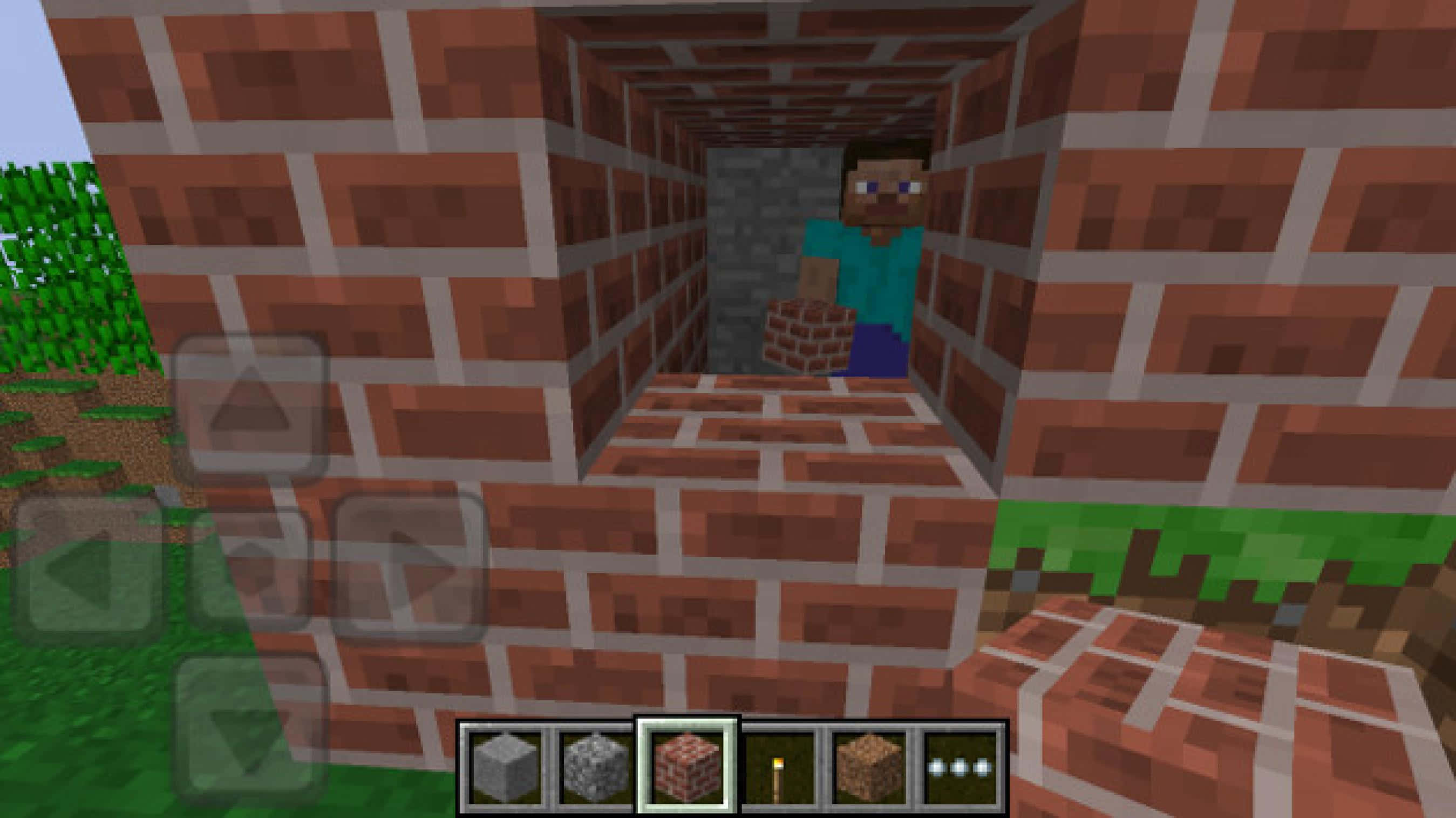 Minecraft Pocket Edition 桌布 壁紙 — 一個Minecraft玩家企喺一條窄磚隧道入面，揸住一個磚塊，外面見到草地地形。
