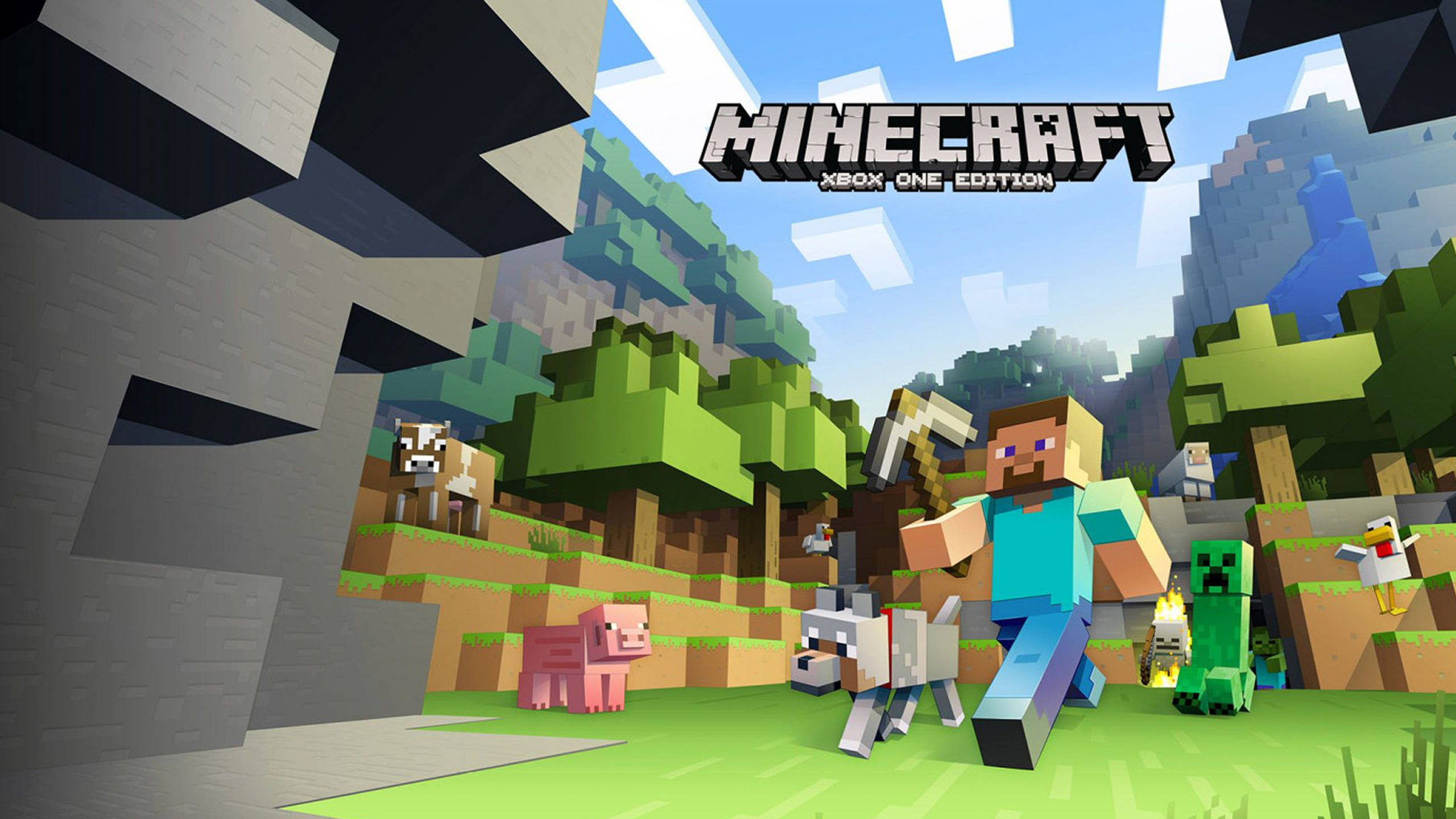 Minecraft Steve 桌布 壁紙 — 一個Minecraft玩家企喺一個方塊森林入面，附近有動物同一個爬行者，天空好光猛。