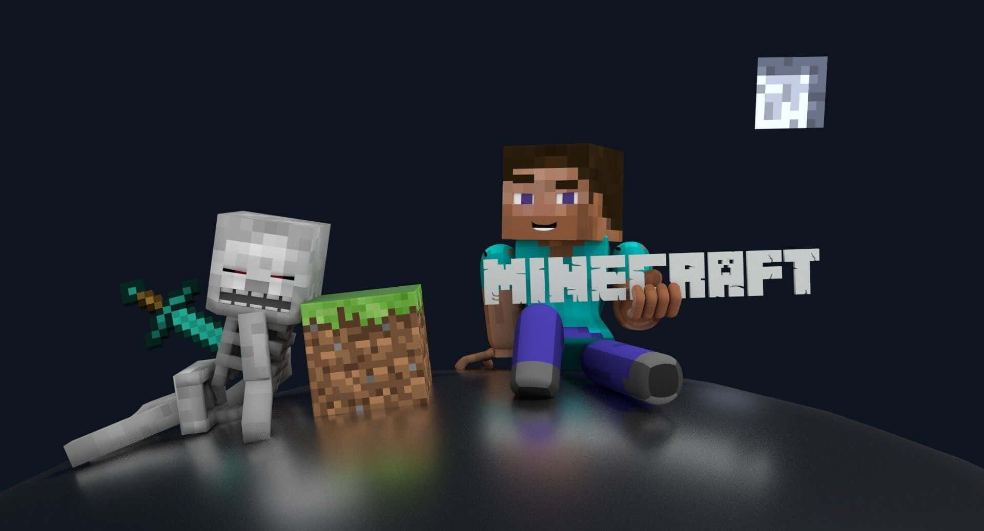Minecraft Skeleton 桌布 壁紙 — 一個Minecraft玩家和骷髏坐在黑暗表面上的泥土方塊旁邊，遊戲標誌漂浮在上方。