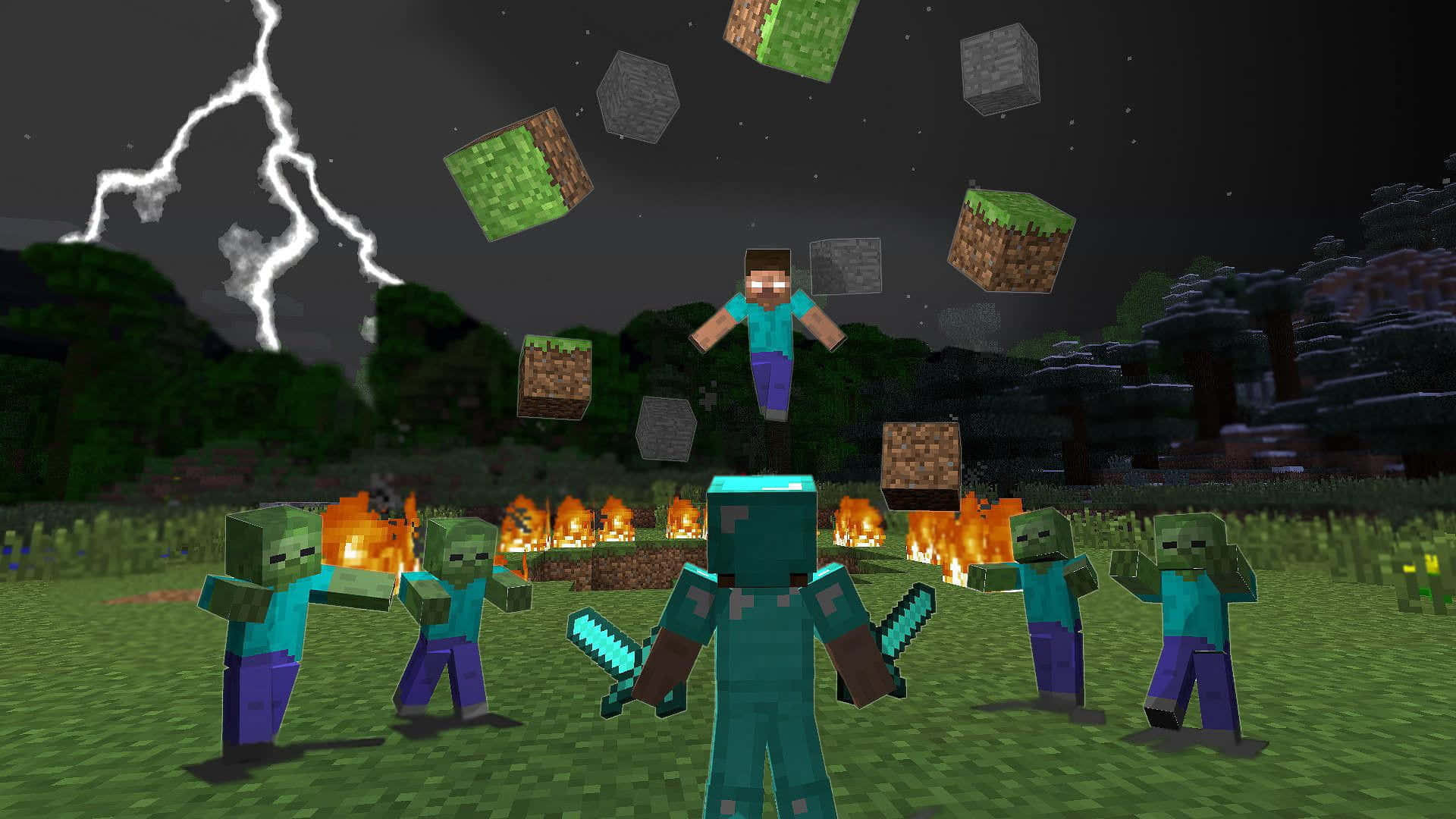 Minecraft Fight 桌布 壁紙 — 一個Minecraft玩家喺有閃電同浮動方塊嘅暴風雨天空下企喺喪屍面前。