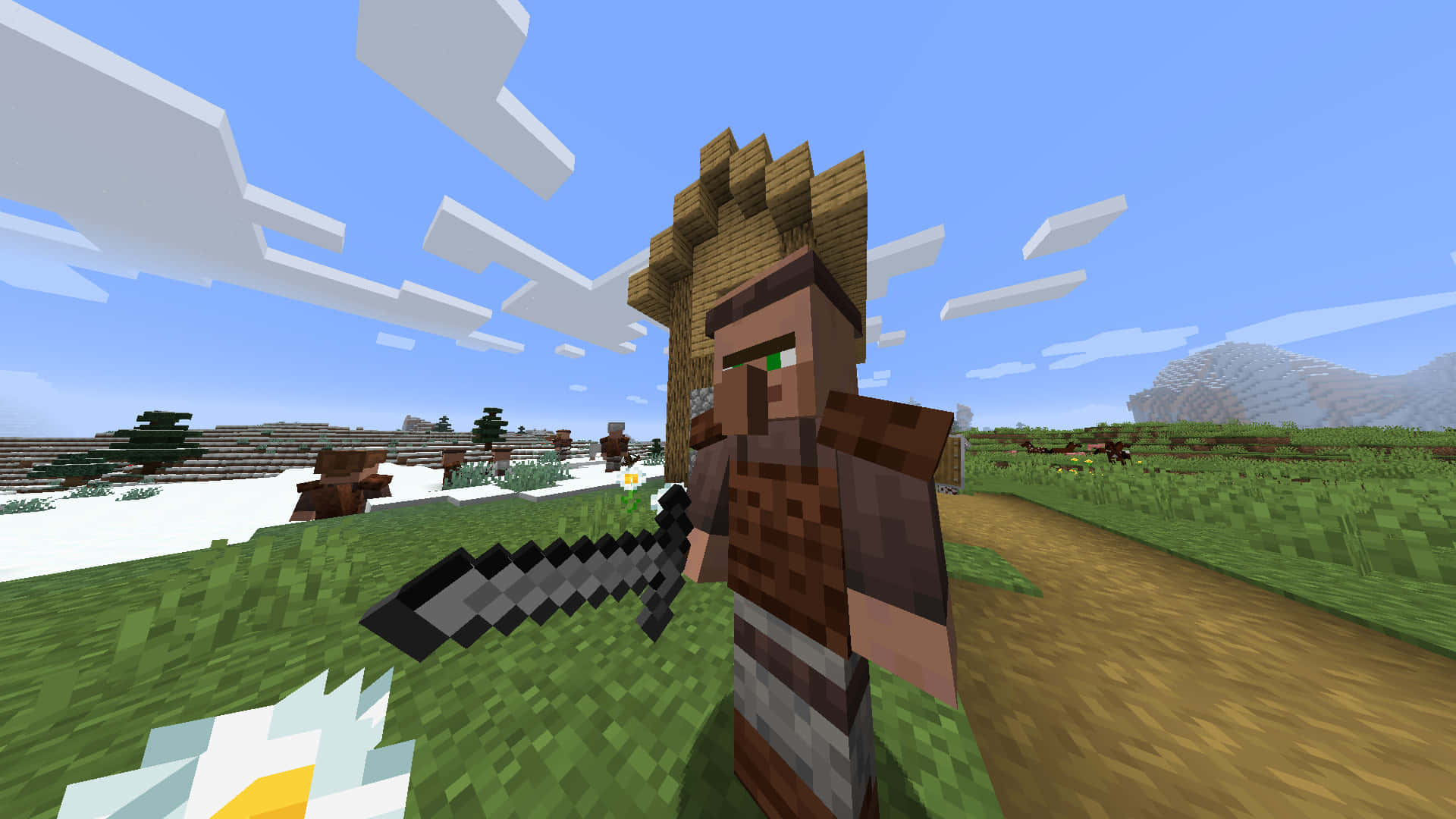 Minecraft Villager 桌布 壁紙 — 一個Minecraft玩家手持劍，站在一片草地上，頭頂是明亮的藍天，點綴著方塊狀的雲朵。