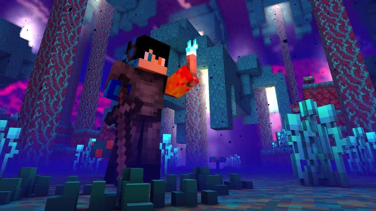 Minecraft Armor 桌布 壁紙 — 一個Minecraft玩家站在發光的紫色和藍色地獄堡壘中，手持火炬和劍。
