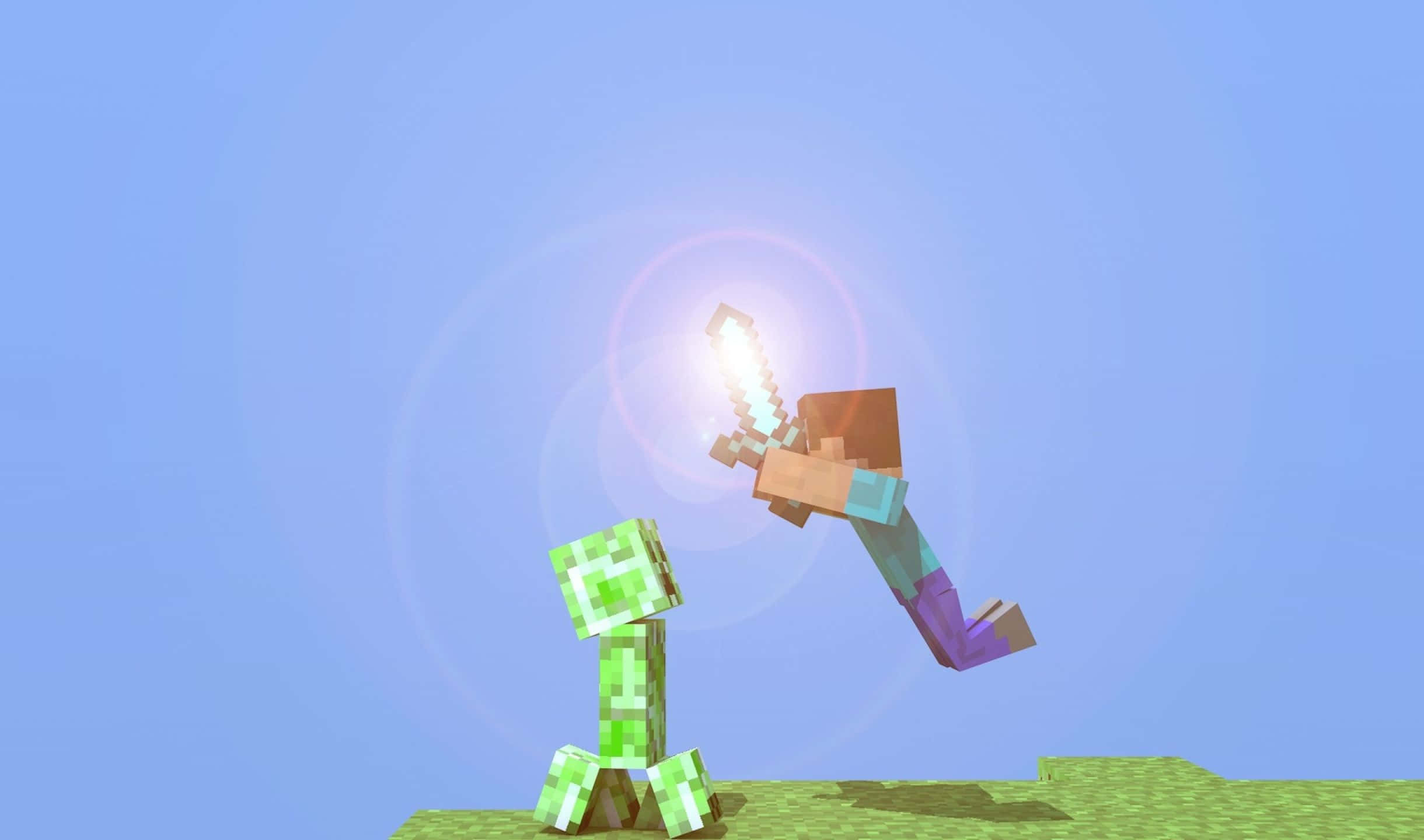 2440x1440 桌布 壁紙 — 一個Minecraft玩家角色喺晴朗藍天下嘅草地上，向綠色爬行者揮動發光劍。
