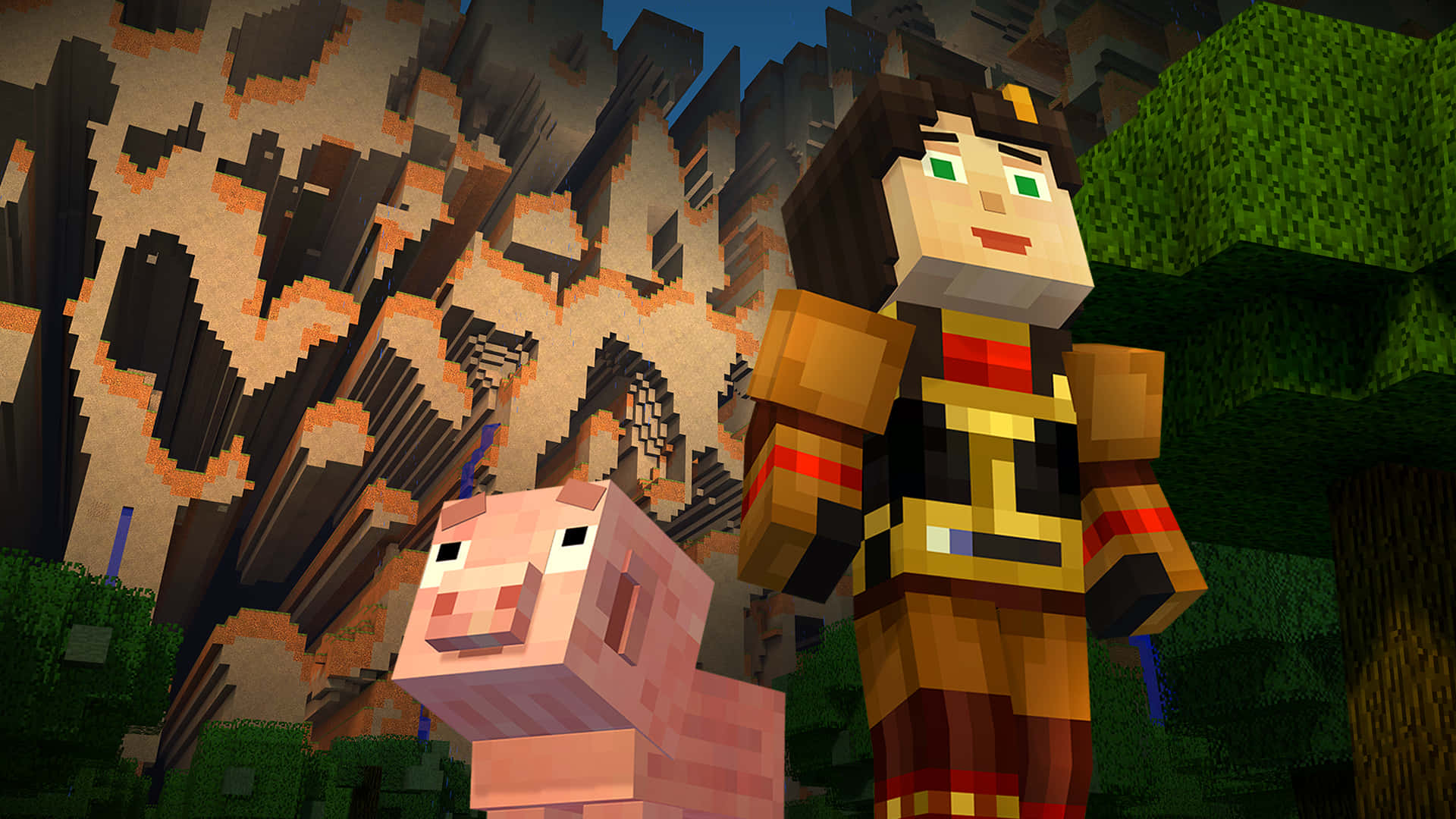 Minecraft Story Mode 桌布 壁紙 — 一個Minecraft角色企喺一隻豬旁邊，喺一個有岩石懸崖同綠色樹木嘅像素森林入面。