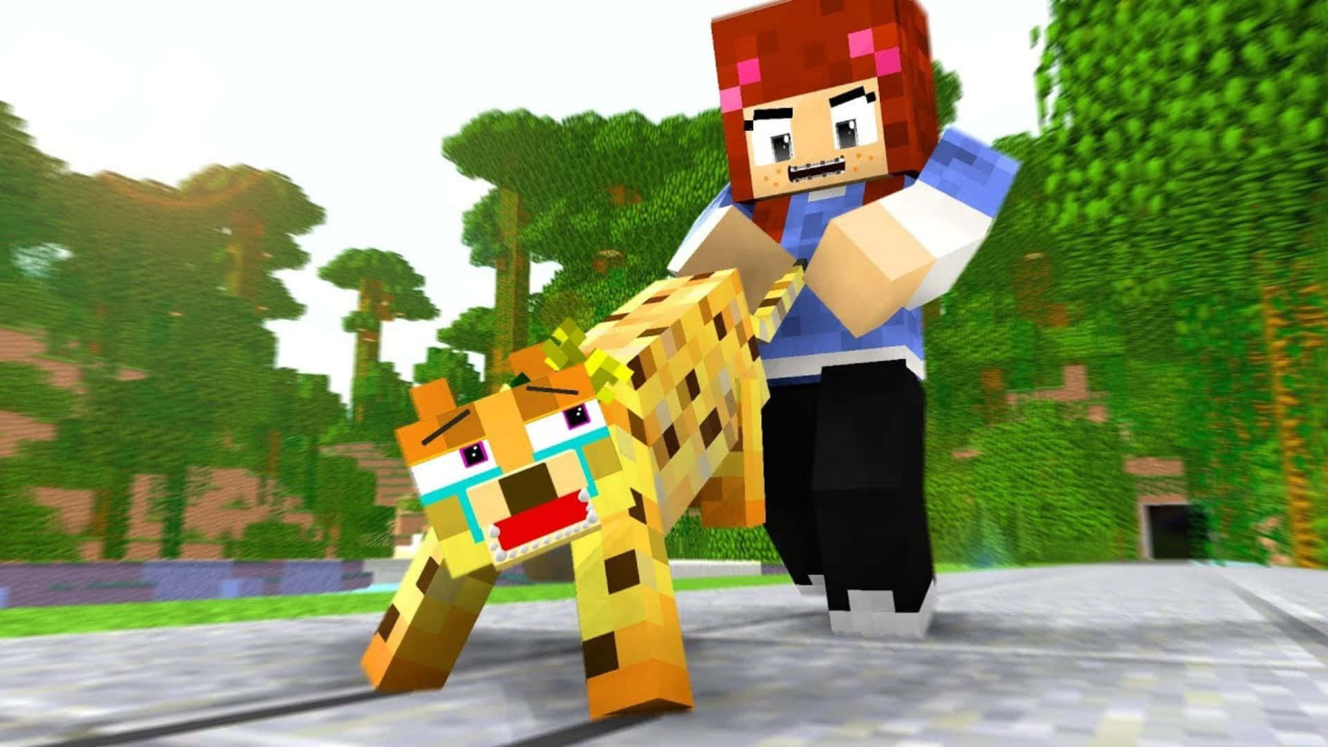 Minecraft Ocelot 桌布 壁紙 — 一個Minecraft角色喺明亮日光下嘅像素化森林空地度抱住一隻喊緊嘅獵豹。