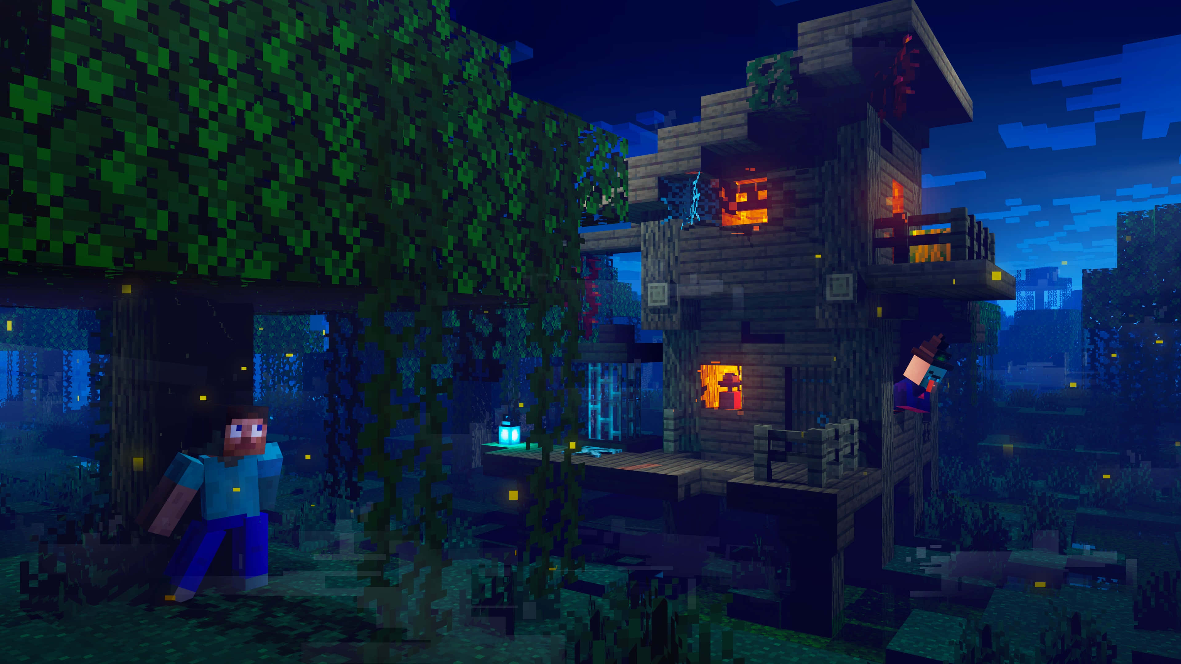 Minecraft Witch 桌布 壁紙 — 一個Minecraft角色在夜晚站在發光的樹屋前，周圍是像素化的樹葉和溫暖的燈籠光。