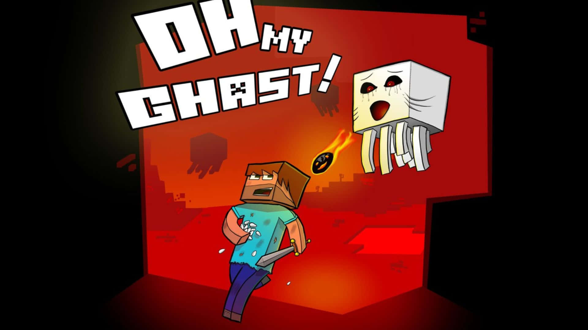 Minecraft Ghast 桌布 壁紙 — 一個Minecraft角色驚恐尖叫，一個幽靈般的惡魂在他上方威脅性地盤旋，背景是火紅色的虛空。