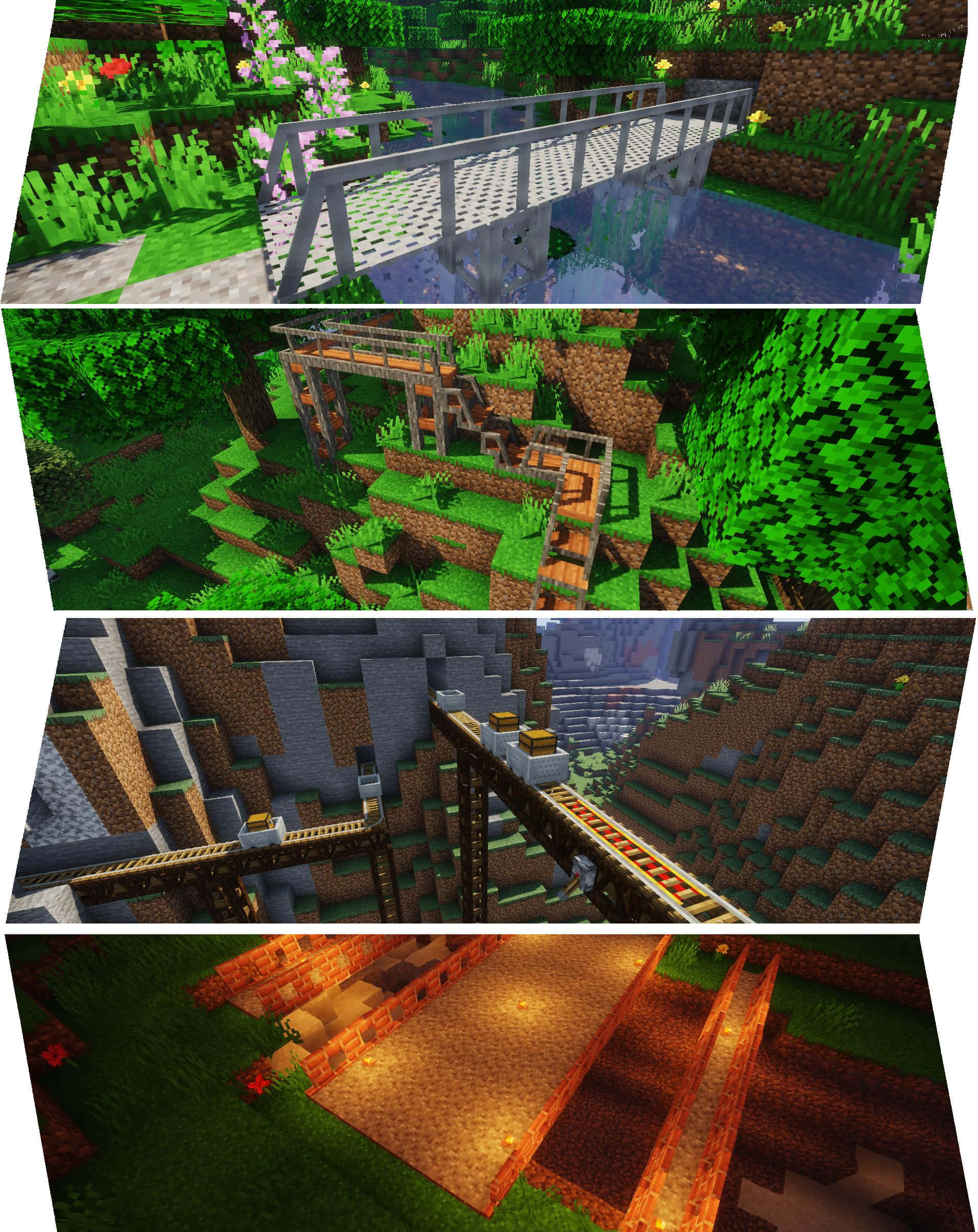 Minecraft Bridges 桌布 壁紙 — 一個Minecraft風景拼貼畫，展示了一座木橋橫跨水面、一座叢林神廟、一條礦車軌道和一個發光的下界傳送門。