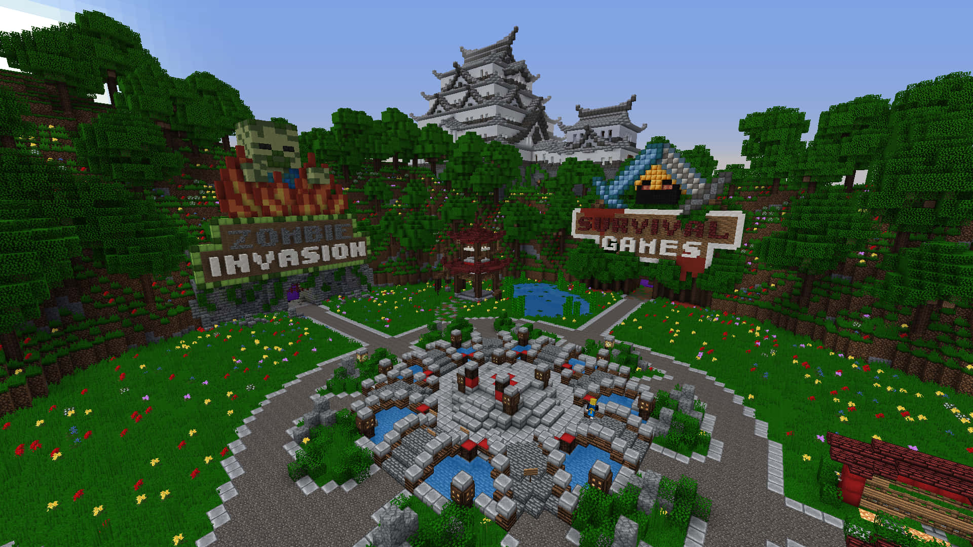 Minecraft Server 桌布 壁紙 — 一個Minecraft風格嘅像素村莊，有石路、花同寫住zombie invasion同survival games嘅標誌，周圍有樹同城堡。