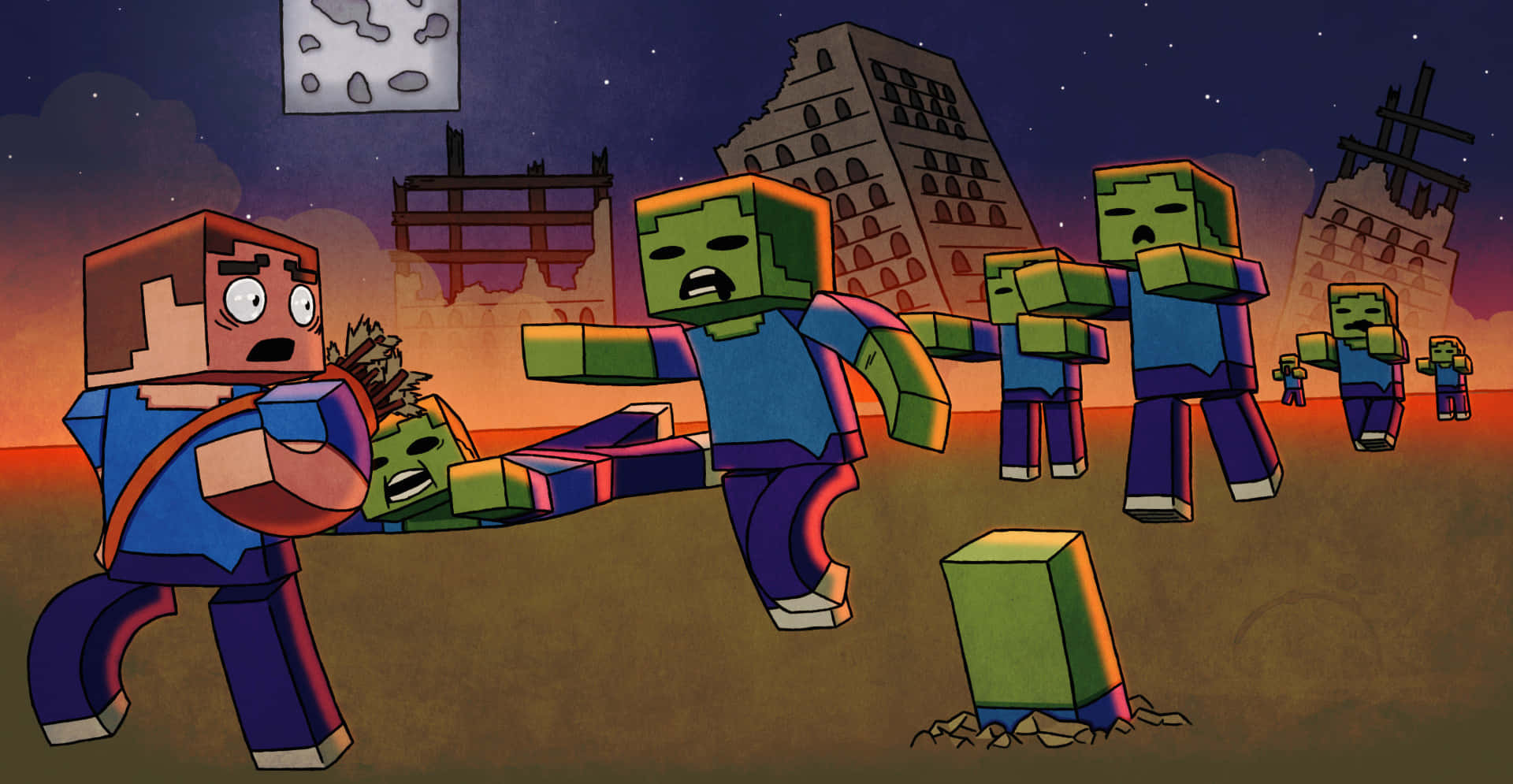 Minecraft Zombie 桌布 壁紙 — 一個Minecraft風格的角色在日落時分的廢墟城市景觀中對抗殭屍群。