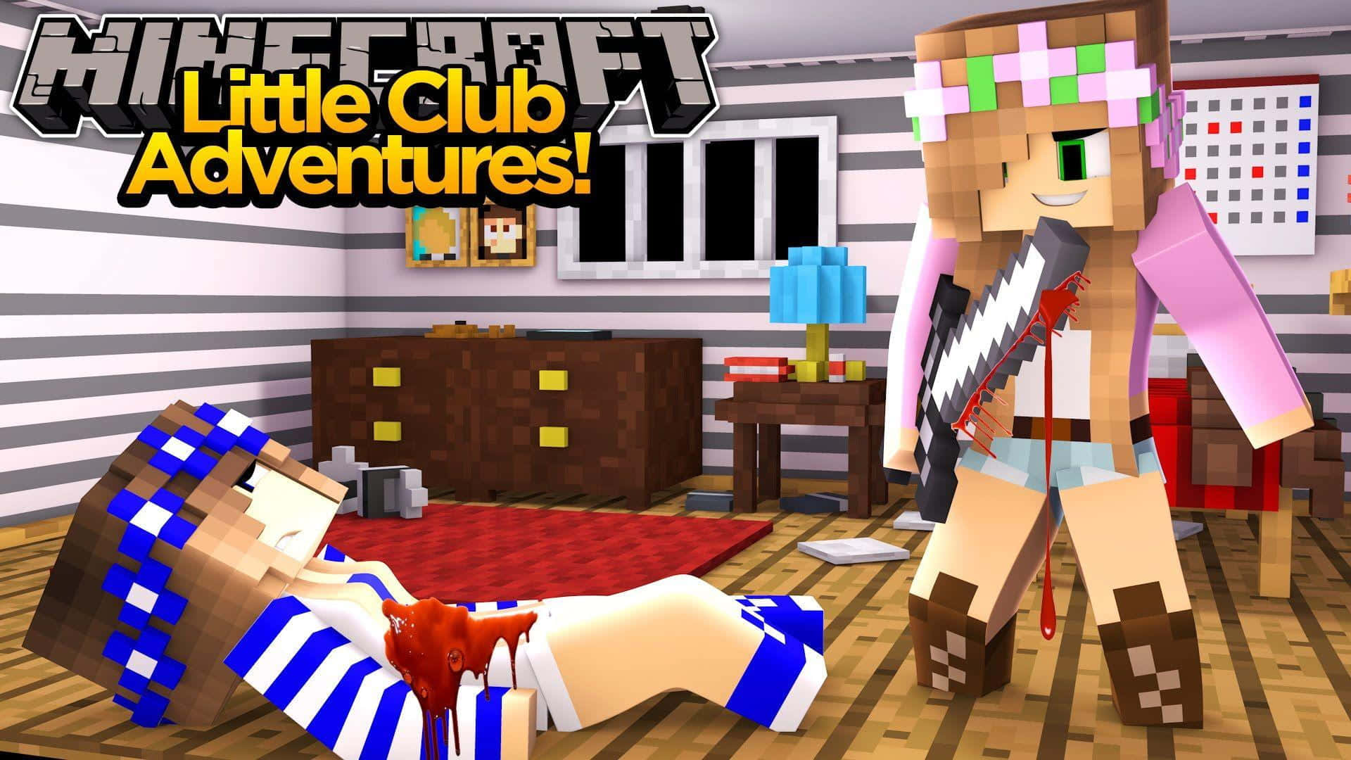 Minecraft Adventure 桌布 壁紙 — 一個Minecraft風格的角色站在另一個胸口有血的角色上方，場景在像素化臥室。