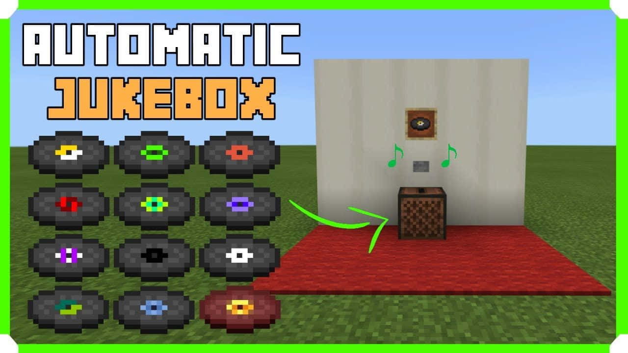 Minecraft Bedrock Edition 桌布 壁紙 — 一個Minecraft點唱機放在紅色地毯上，旁邊牆上掛著一個裱框唱片，周圍散落著色彩繽紛的像素風格黑膠唱片。