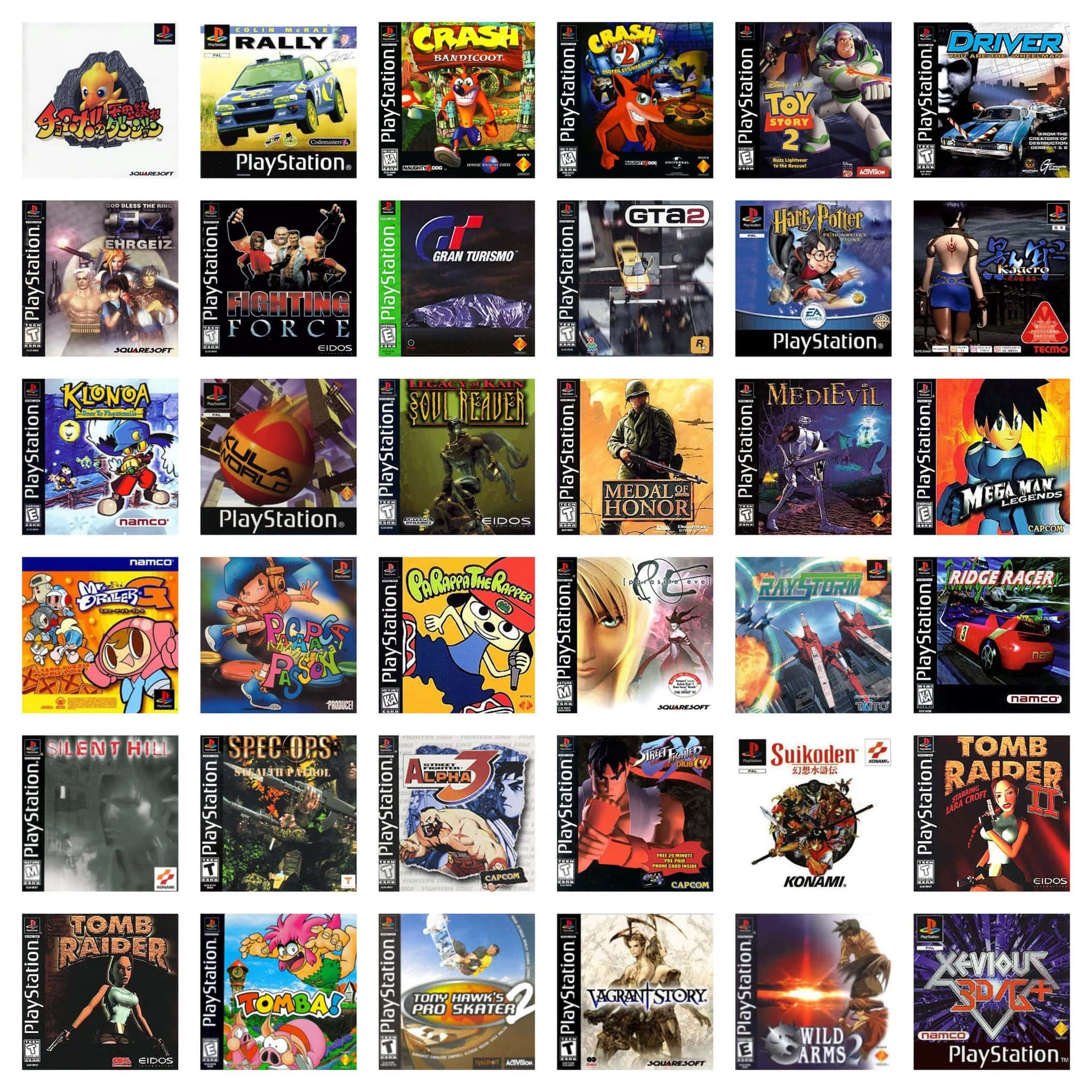 Gaming Classic Collections 桌布 壁紙 — 一個PlayStation遊戲封面網格，涵蓋從賽車、動漫到恐怖等多種題材，搭配鮮豔的藝術作品。