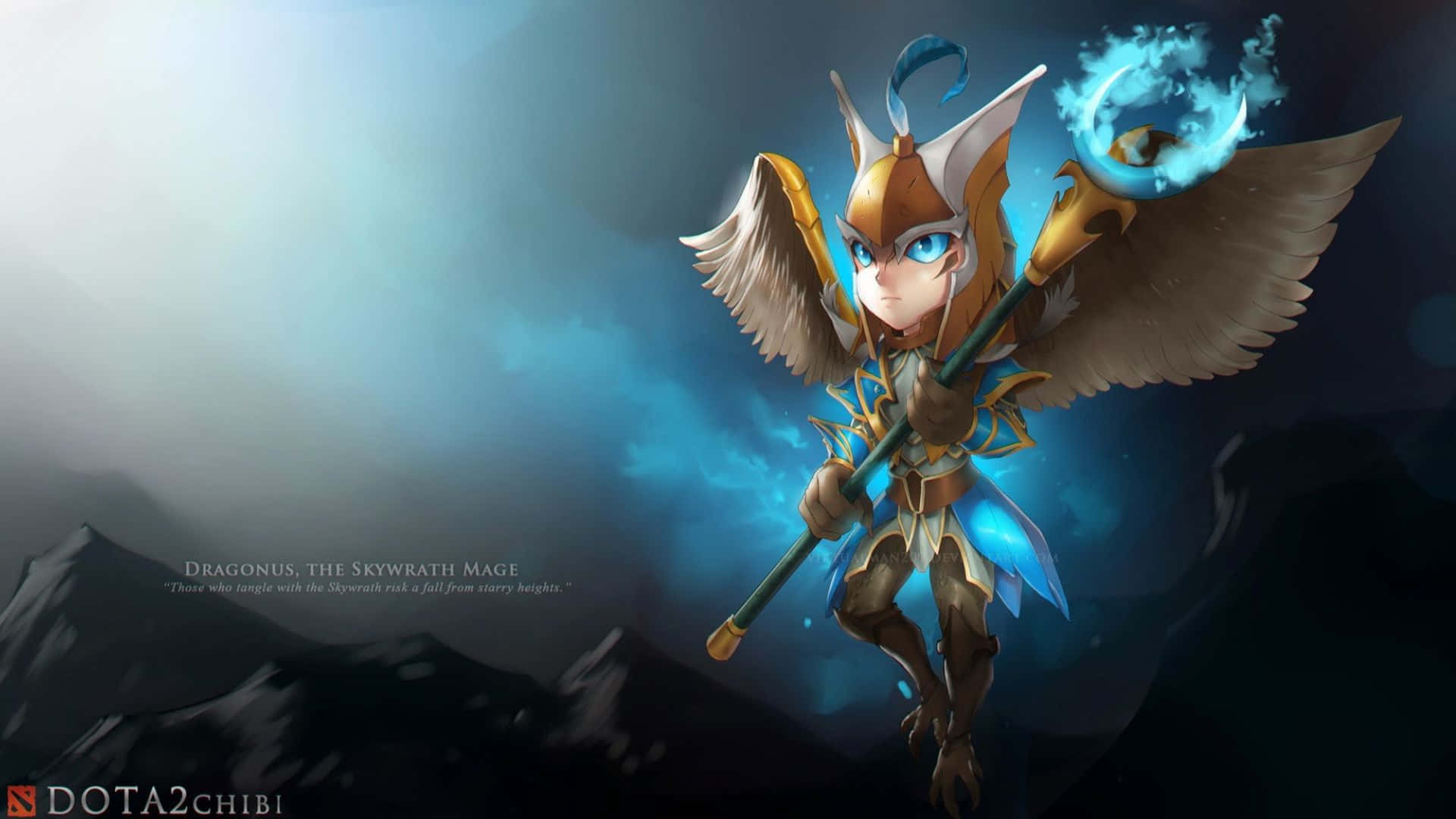 Dota 2 Heroes 桌布 壁紙 — 一個Q版風格的天空法師，有翅膀和發光法杖，漂浮在藍天下黑暗的山脈之上。