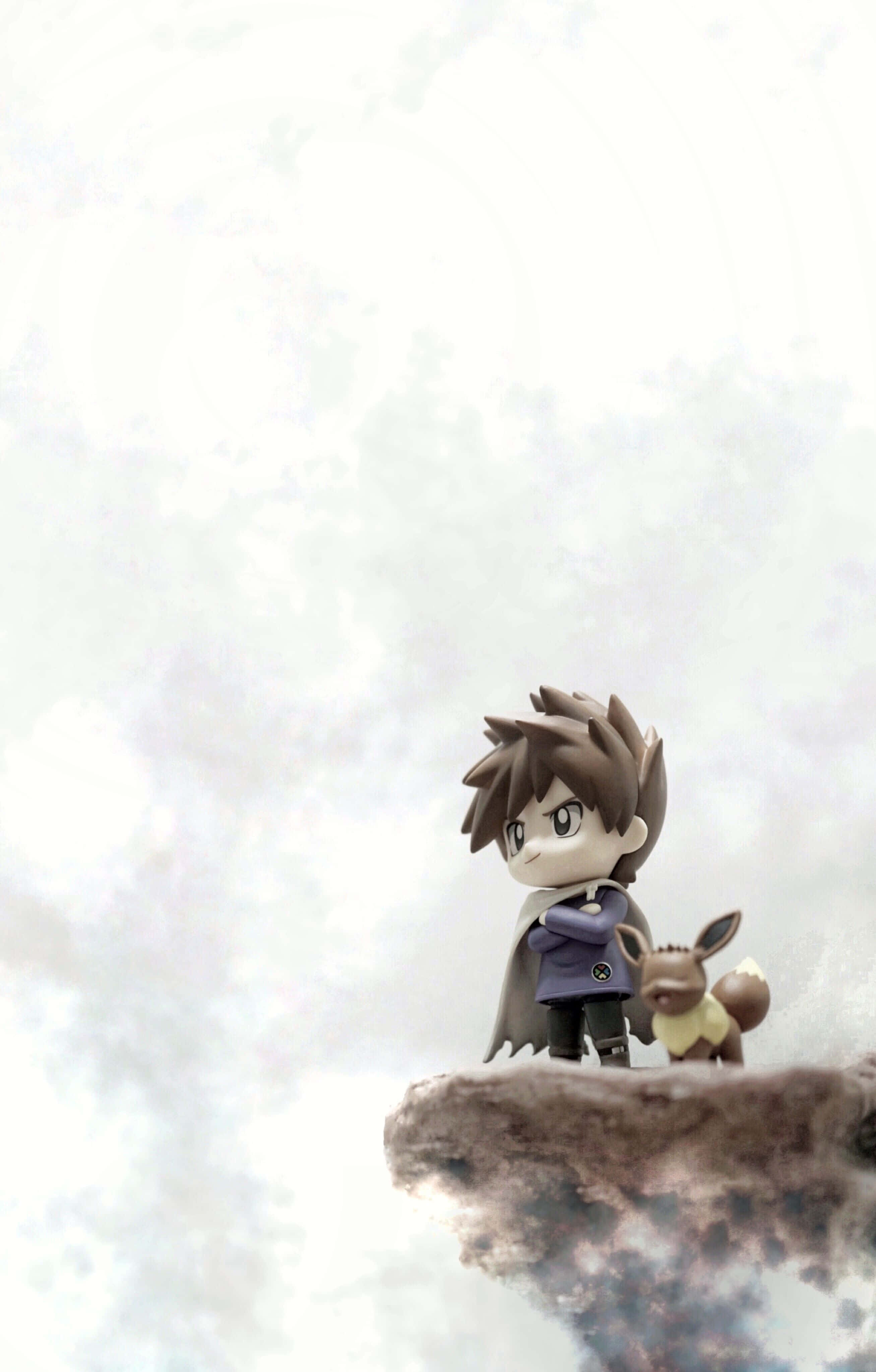 Pokemon Figures 桌布 壁紙 — 一個Q版風格的小智和比卡超一起站在浮石上，周圍是旋轉的雲層。