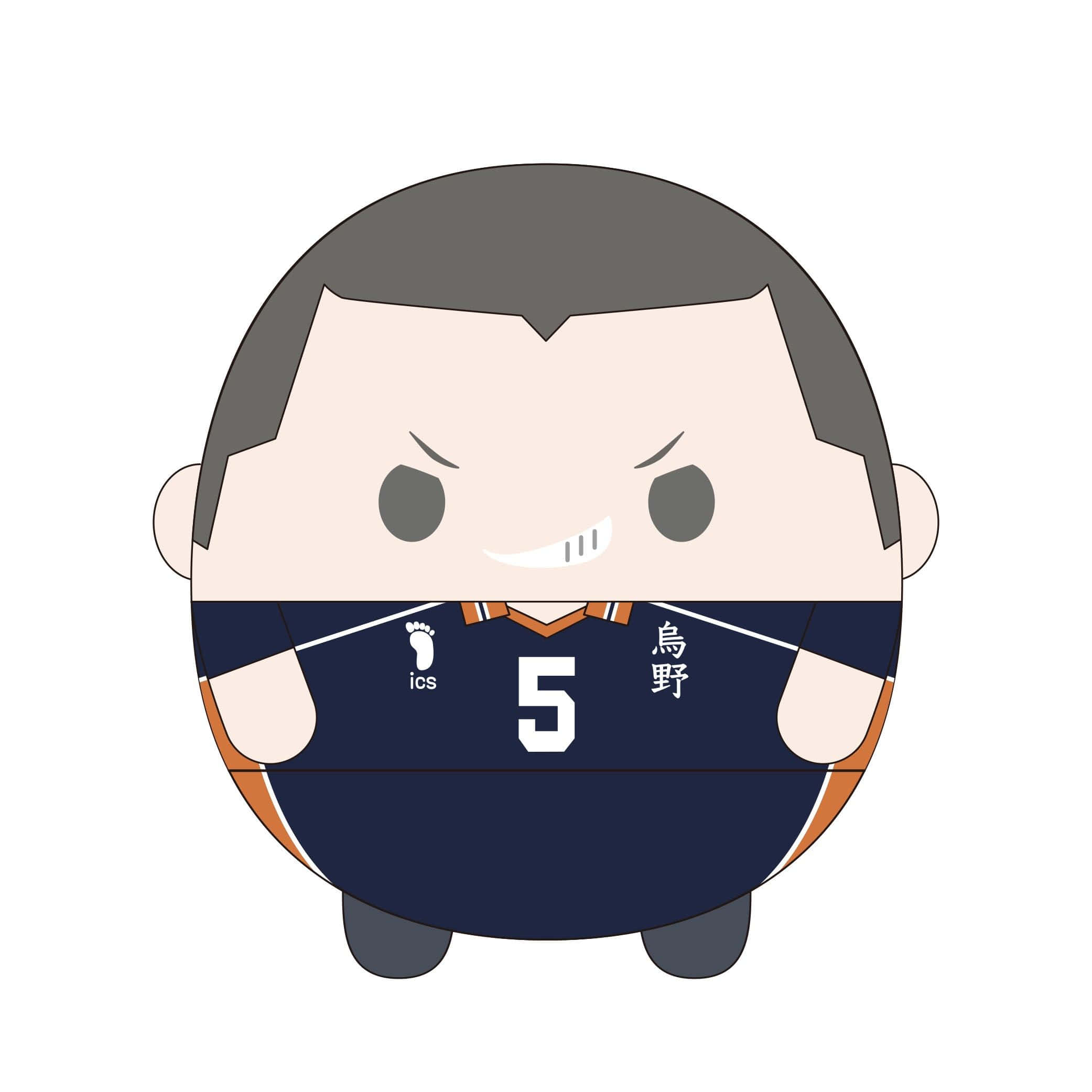 Tanaka Ryunosuke 桌布 壁紙 — 一個Q版風格的插圖排球運動員，身穿海軍藍球衣，上面有數字5和漢字，在白色背景上露出兇猛的笑容。