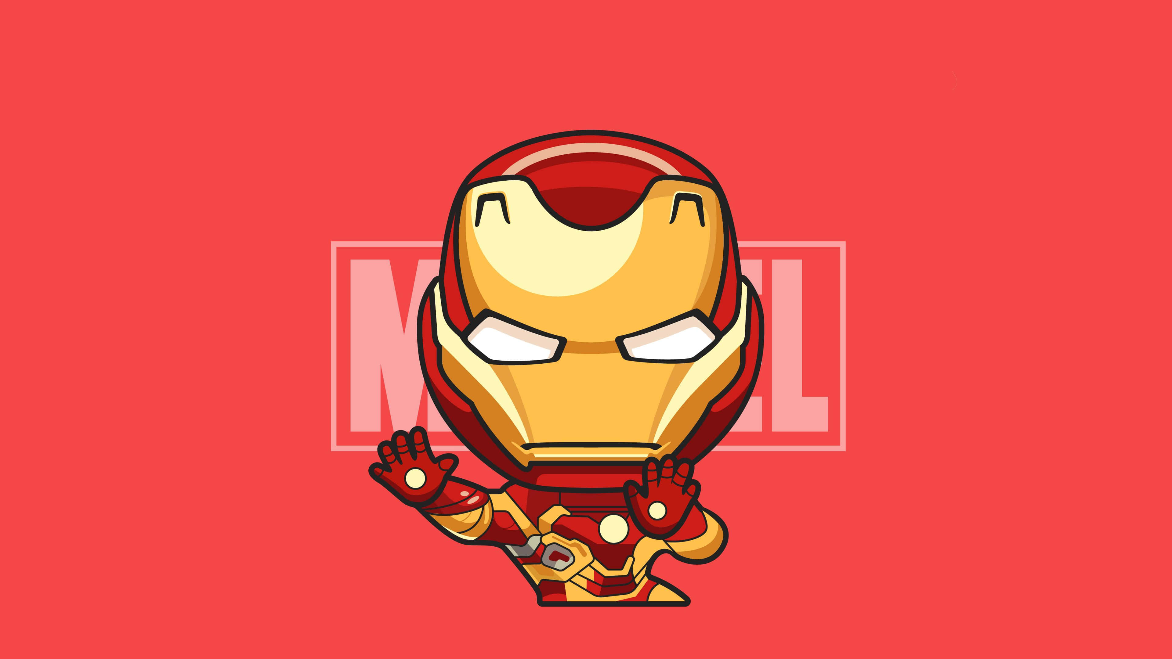 Iron Man Art 桌布 壁紙 — 一個Q版風格的鐵甲奇俠，身穿紅色和金色裝甲，站在純紅色背景前，背後有一個褪色的Marvel標誌。