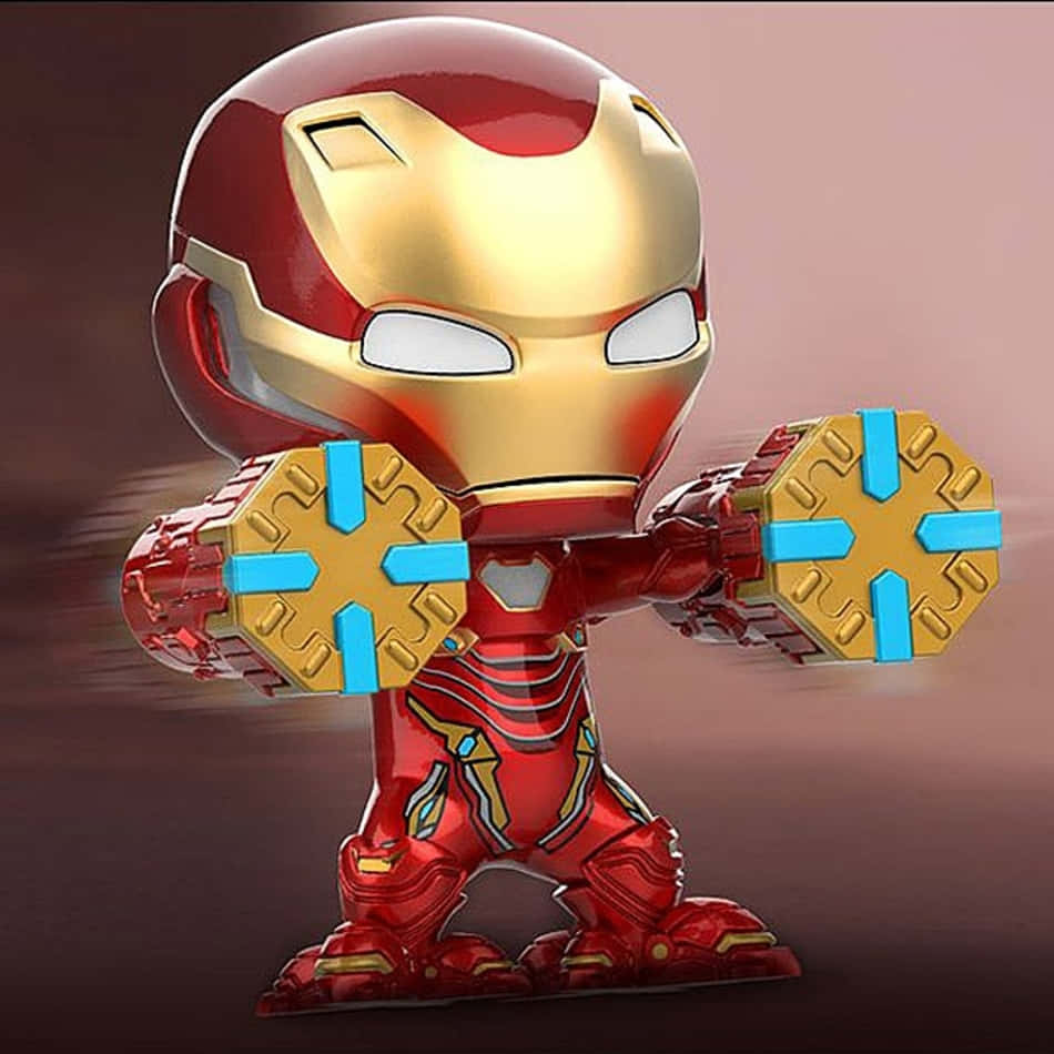 Iron Man Bobbleheads 桌布 壁紙 — 一個Q版風格的鐵甲奇俠人偶，身穿紅金色裝甲，在漸變背景前伸出發光的藍色斥力炮。