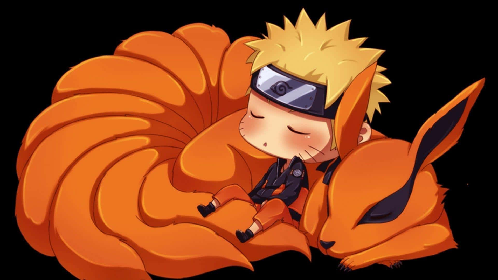 Baby Kurama 桌布 壁紙 — 一個Q版鳴人喺黑色背景上，蜷縮喺佢橙色九尾狐同伴身邊安詳噉瞓覺。