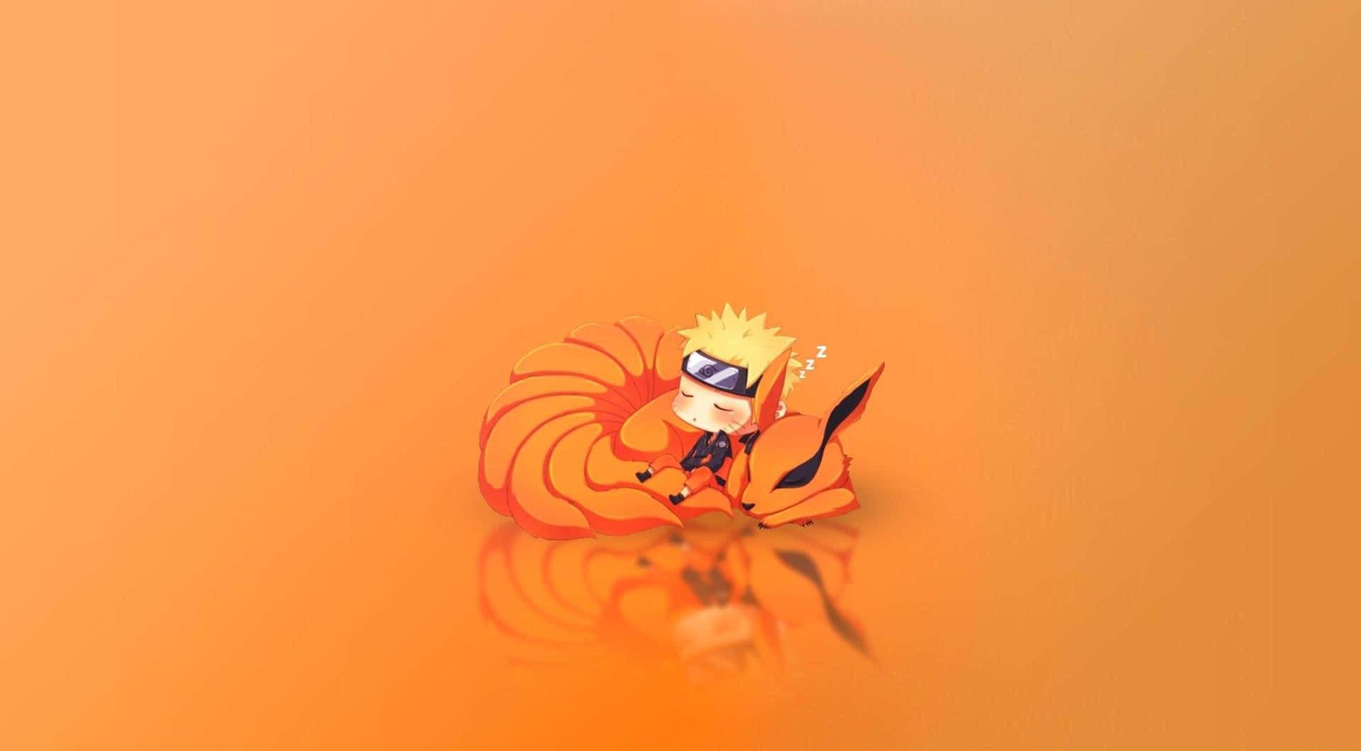 Baby Kurama 桌布 壁紙 — 一個Q版鳴人蜷縮在他橙色的九尾狐形態周圍，在溫暖的漸變背景上安詳地睡著。