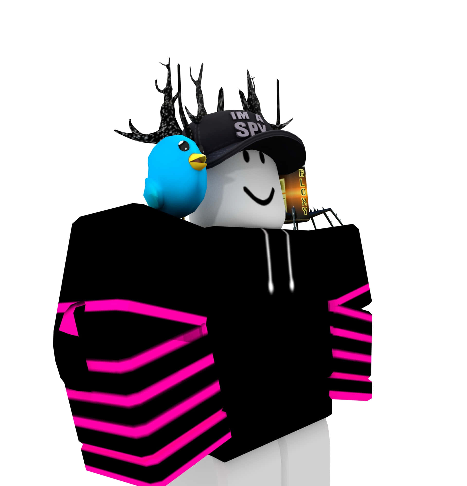 Roblox Gfx 桌布 壁紙 — 一個Roblox虛擬角色，頭上有黑色鹿角，肩上站著一隻藍色小鳥，身穿帶有螢光粉紅條紋的黑色連帽衫，戴著寫有「IM A SPY」的帽子。