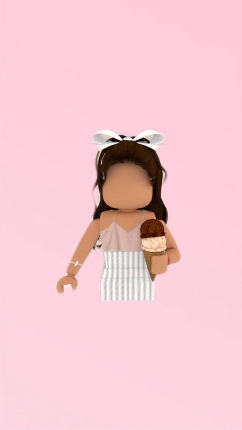 Roblox 桌布 壁紙 — 一個Roblox風格、棕色頭髮、戴白色蝴蝶結的女孩，在柔和的粉紅色背景前拿著朱古力雪糕筒。