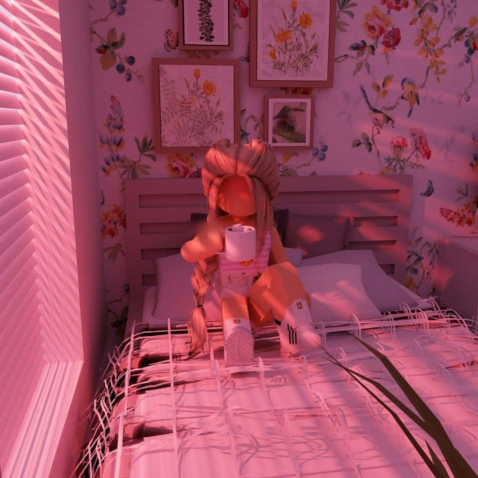 Aesthetic Roblox 桌布 壁紙 — 一個Roblox風格嘅女仔坐喺一張床上，喺一個粉紅色嘅房間入面，有花卉牆紙同埋裱框藝術品，一邊飲住杯嘢，一邊陽光穿過百葉簾。