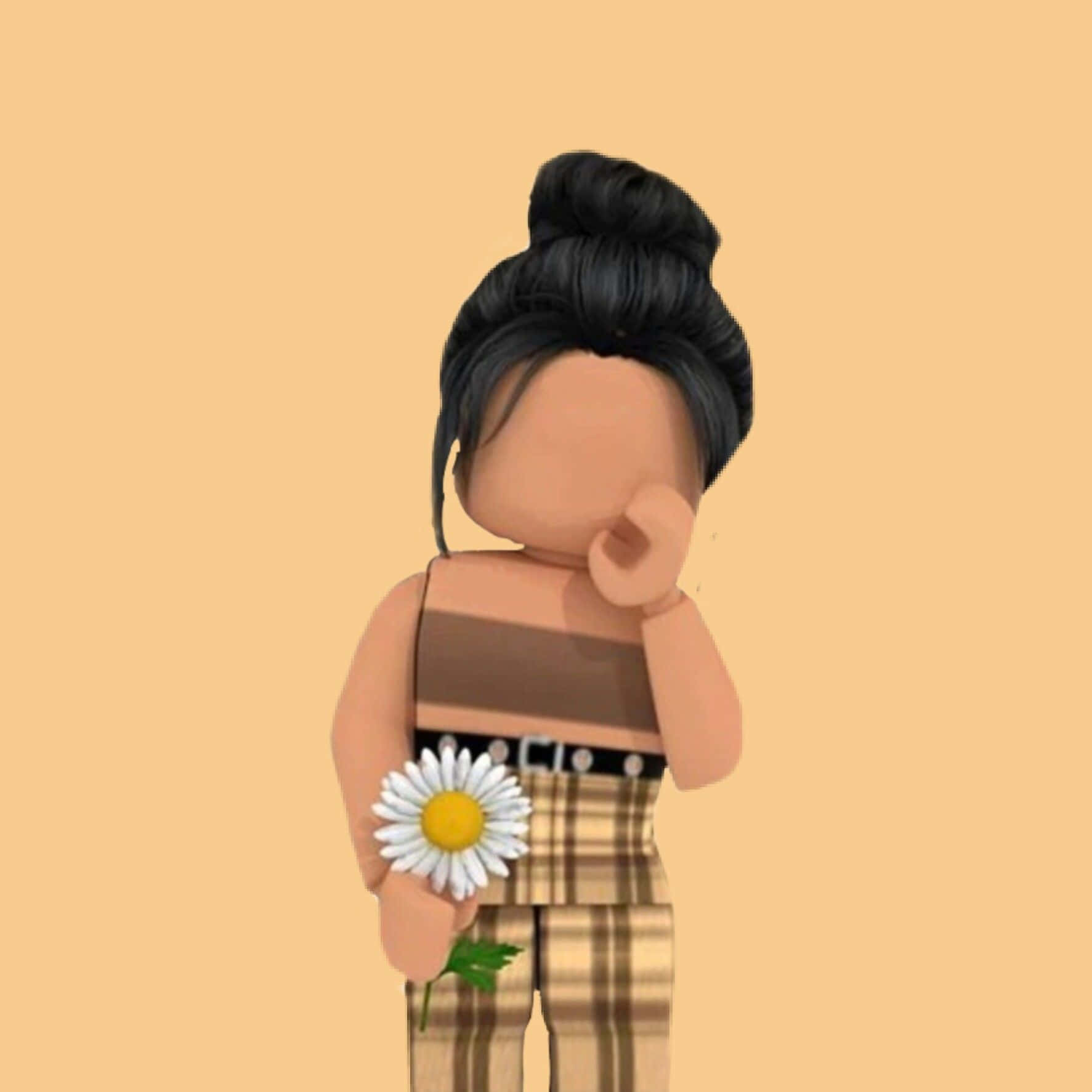 Roblox Aesthetic 桌布 壁紙 — 一個Roblox風格嘅頭像，黑色頭髮紮成髮髻，拎住一朵雛菊，望住另一個方向，背景係純蜜桃色。