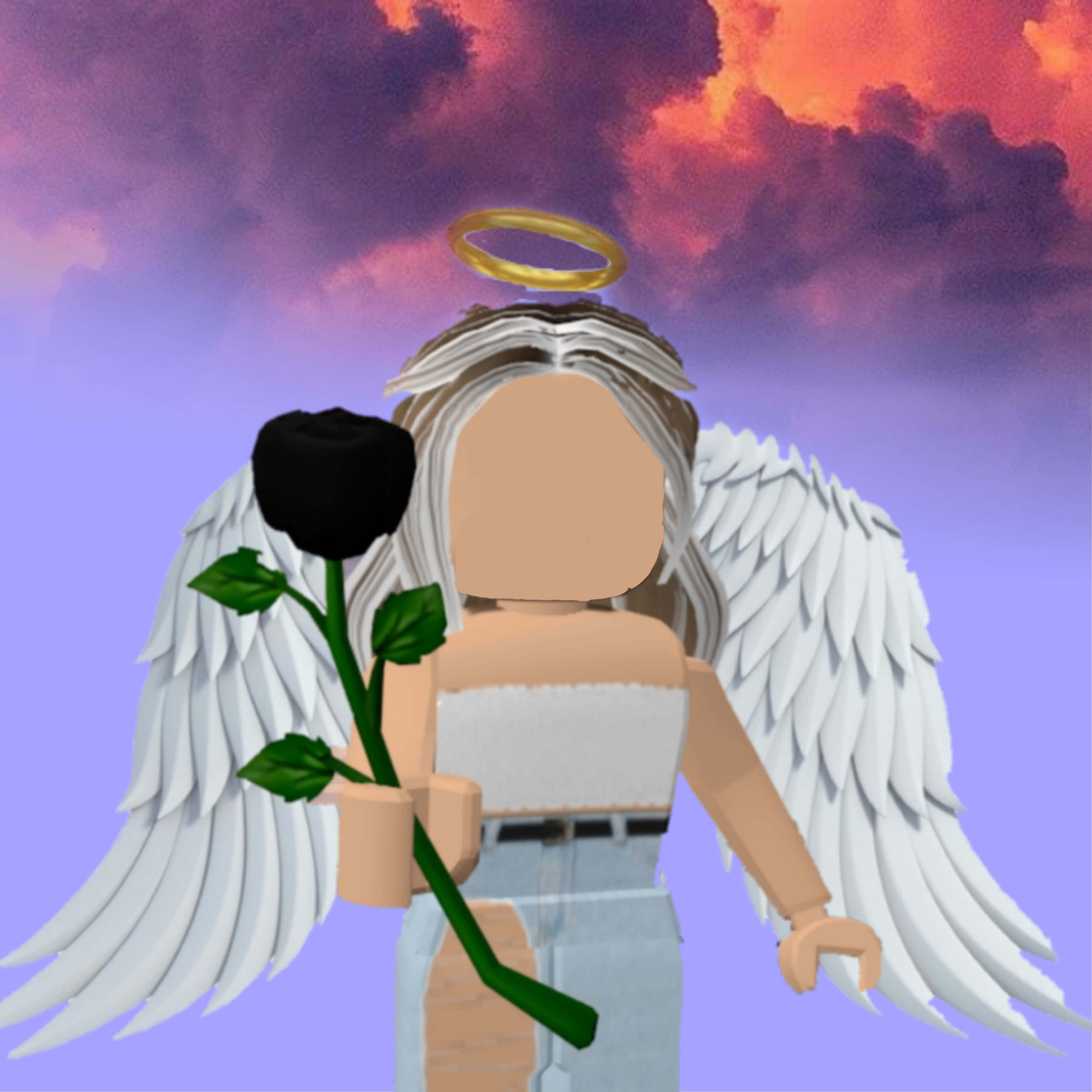 可愛Roblox 桌布 壁紙 — 一個Roblox風格的天使，擁有白色翅膀和光環，在充滿活力的紫色和橙色天空下手持一朵黑玫瑰。