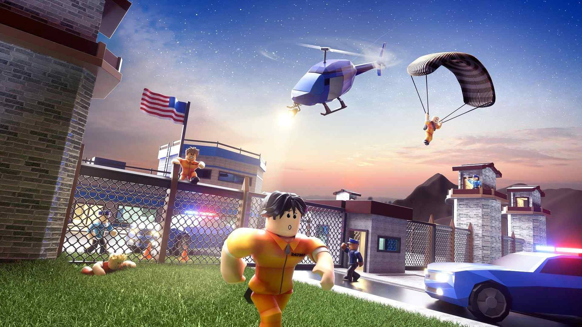 型格Roblox 桌布 壁紙 — 一個Roblox風格的角色跑過郊區草坪，而警車和直升機正在應對一個混亂的場景，其中包括一個跳傘的人物和飄揚的美國國旗。