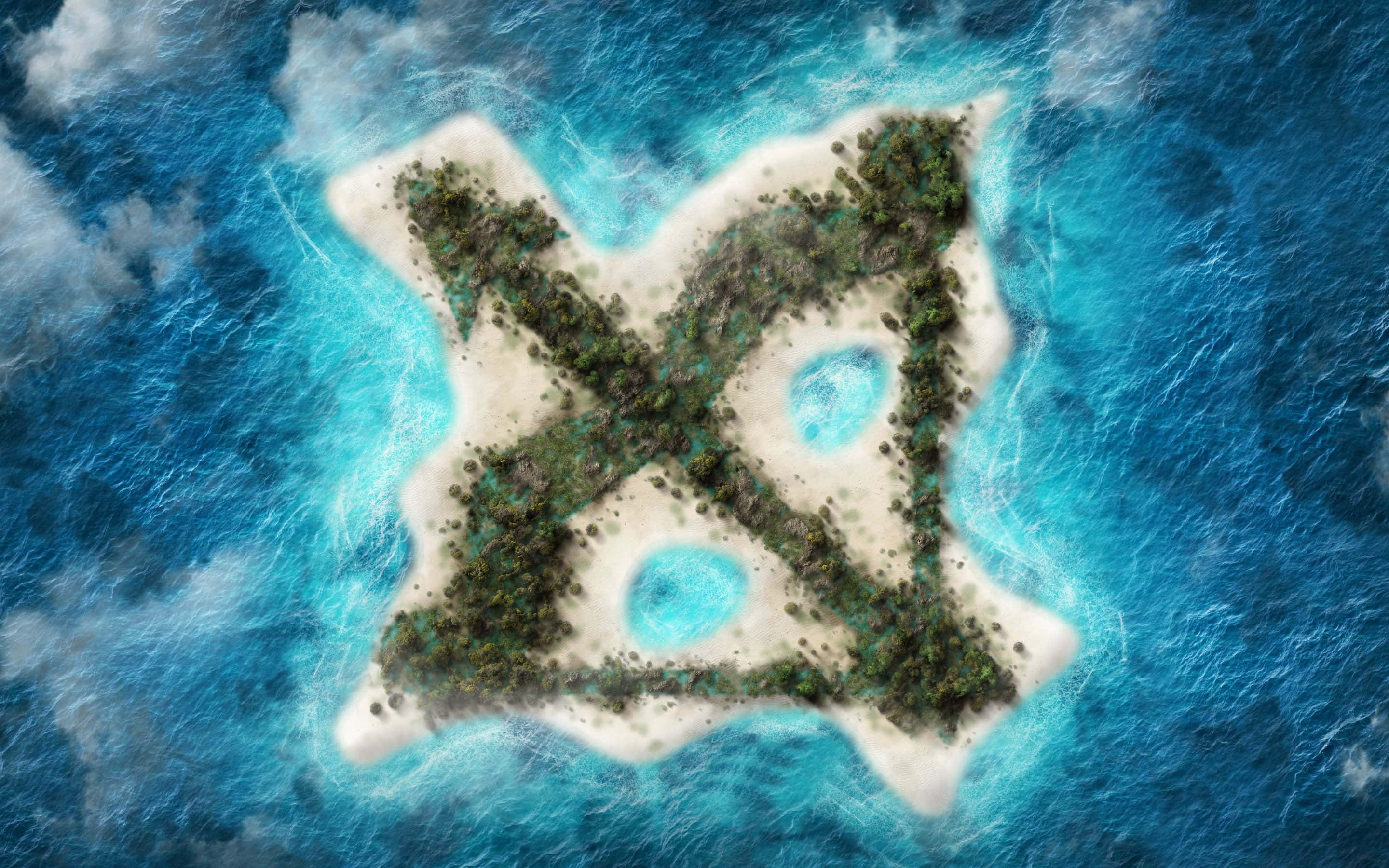 人馬座 桌布 壁紙 — 一個X形狀的熱帶島嶼的空中景觀，擁有藍綠色潟湖和茂密的綠色植物，被深藍色的海洋波浪環繞。