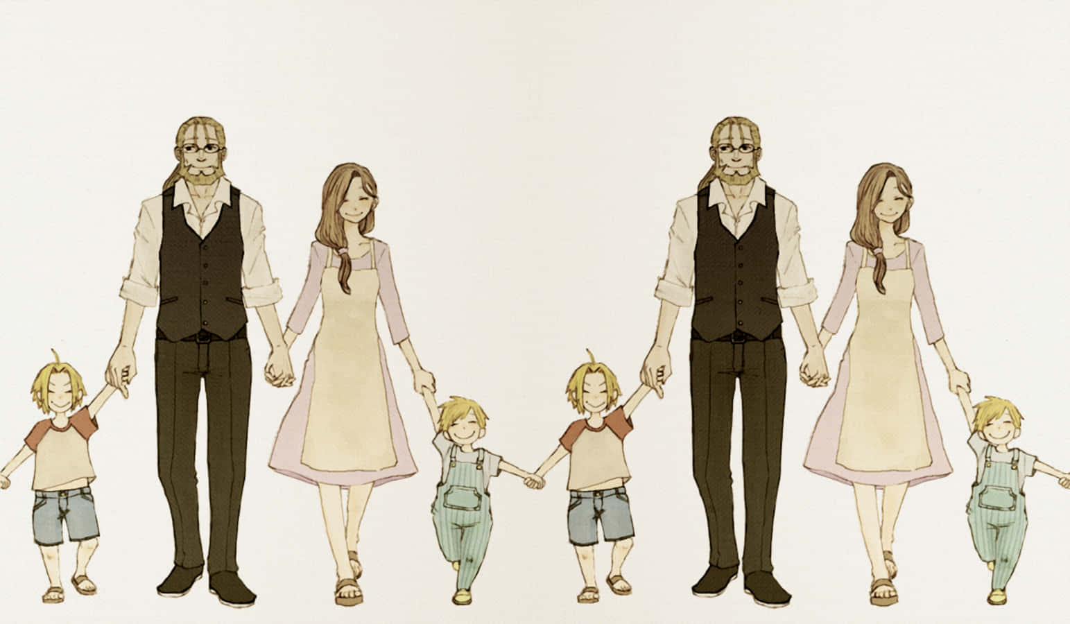 Van Hohenheim 桌布 壁紙 — 一個三人家庭手牽手行走，採用鏡像構圖，柔和的大地色調與溫柔的燈光。